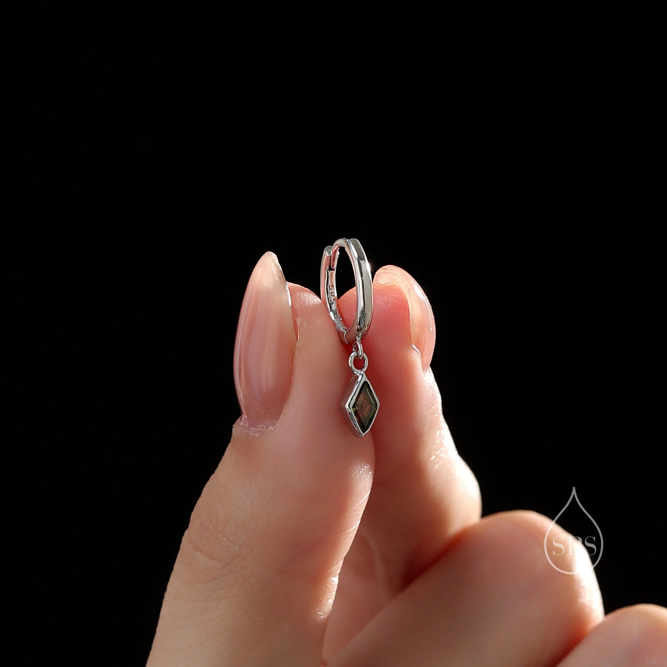 Very Tiny Rhombus Olive Green CZ Huggie Hoop in Sterling Silver, Silver or Gold, Minimalist Simple Kite Shape CZ Hoop Earrings - Image 6