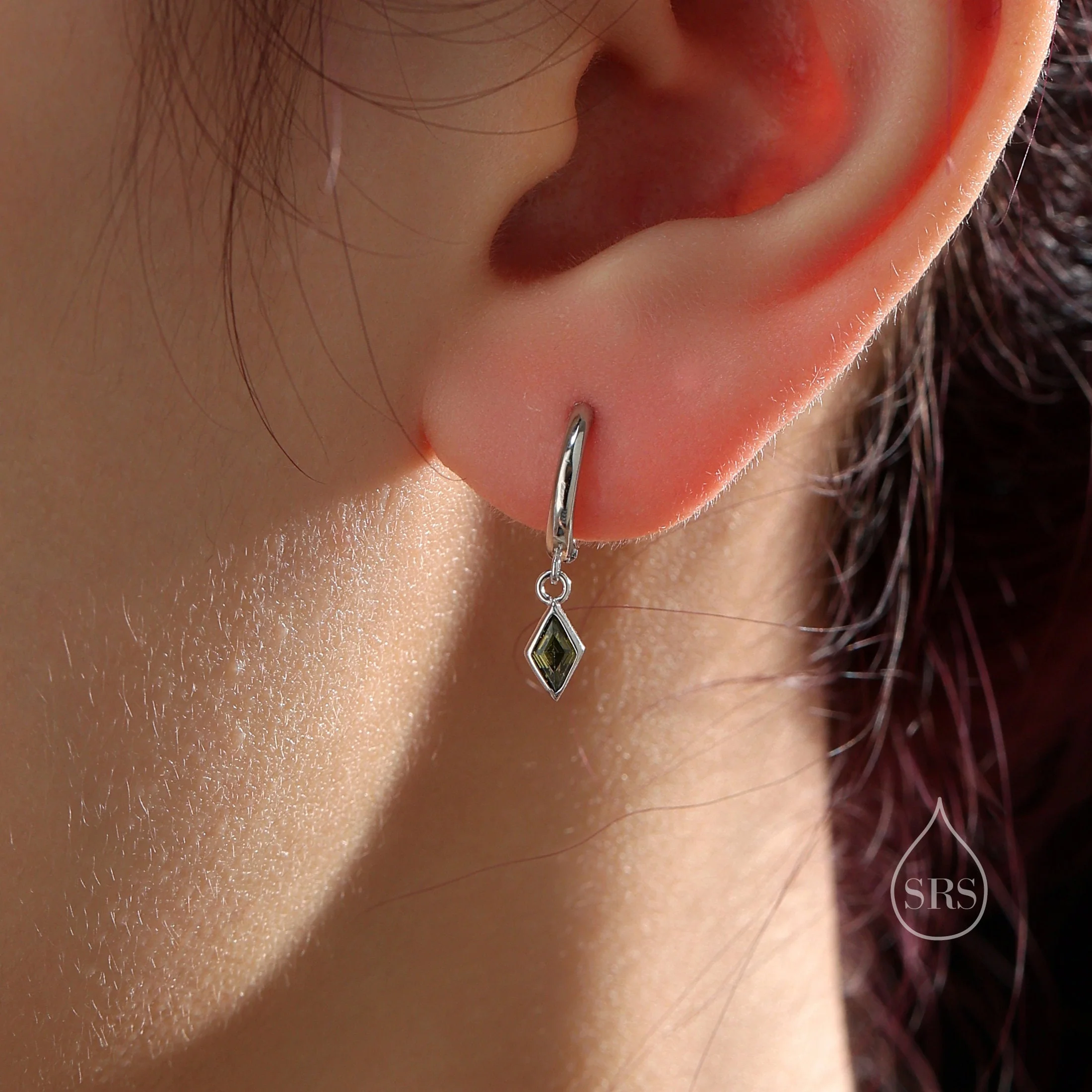 Very Tiny Rhombus Olive Green CZ Huggie Hoop in Sterling Silver, Silver or Gold, Minimalist Simple Kite Shape CZ Hoop Earrings - Image 7