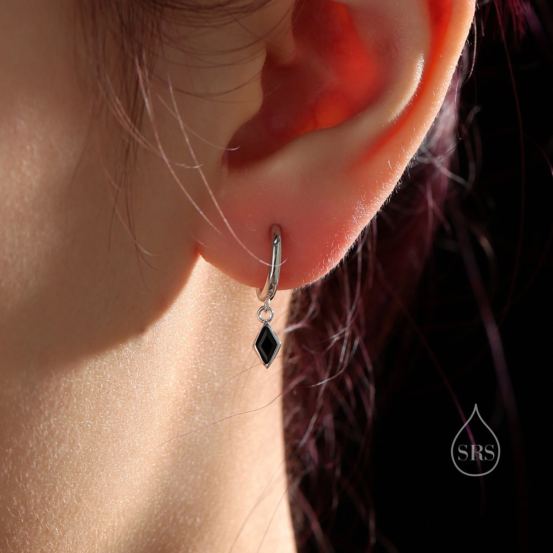 Very Tiny Rhombus Onyx Black CZ Huggie Hoop in Sterling Silver, Silver or Gold, Minimalist Simple Kite Shape CZ Hoop Earrings - Image 6