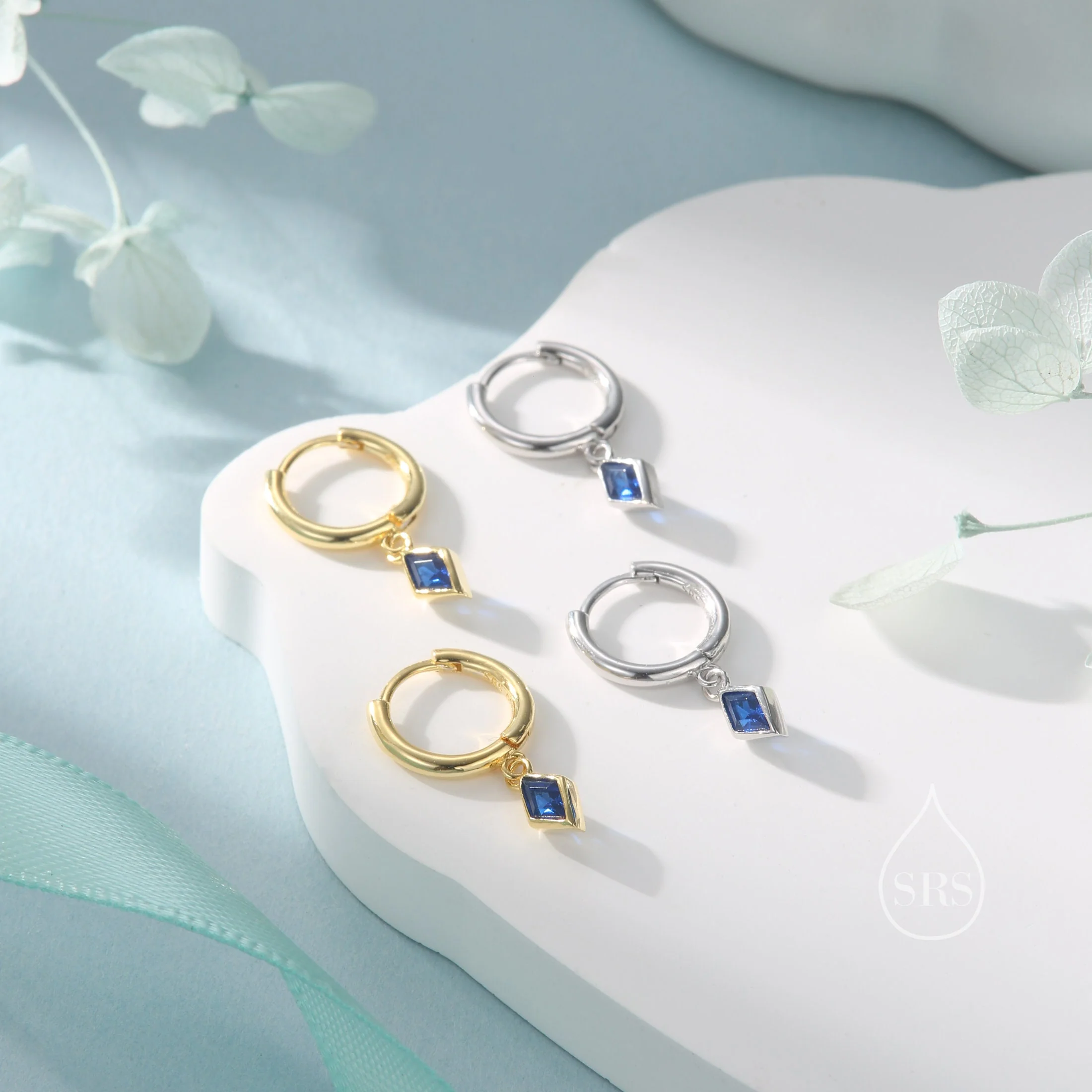 Very Tiny Rhombus Sapphire Blue CZ Huggie Hoop in Sterling Silver, Silver or Gold, Minimalist Simple Kite Shape CZ Hoop Earrings - Image 3