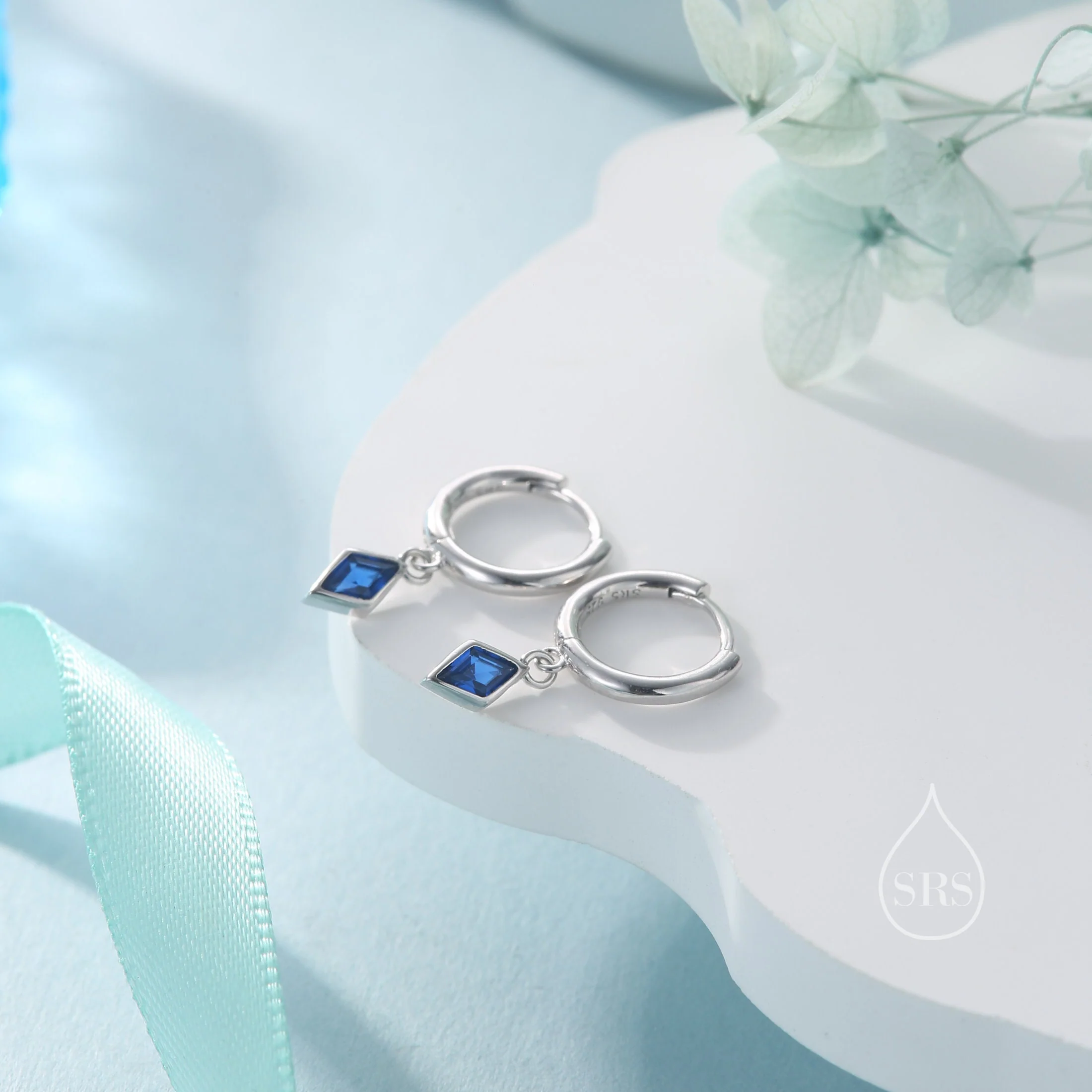 Very Tiny Rhombus Sapphire Blue CZ Huggie Hoop in Sterling Silver, Silver or Gold, Minimalist Simple Kite Shape CZ Hoop Earrings - Image 4