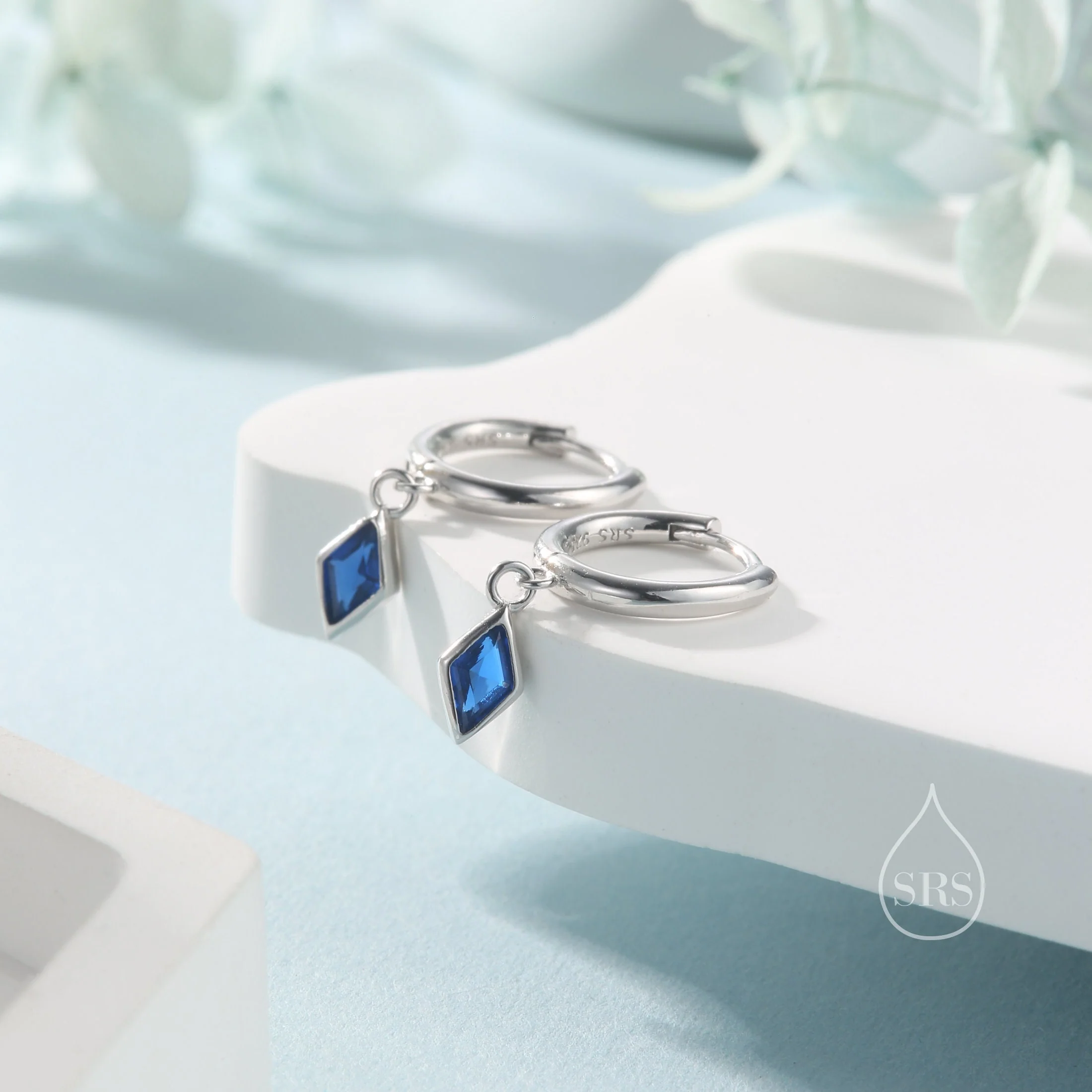 Very Tiny Rhombus Sapphire Blue CZ Huggie Hoop in Sterling Silver, Silver or Gold, Minimalist Simple Kite Shape CZ Hoop Earrings - Image 5