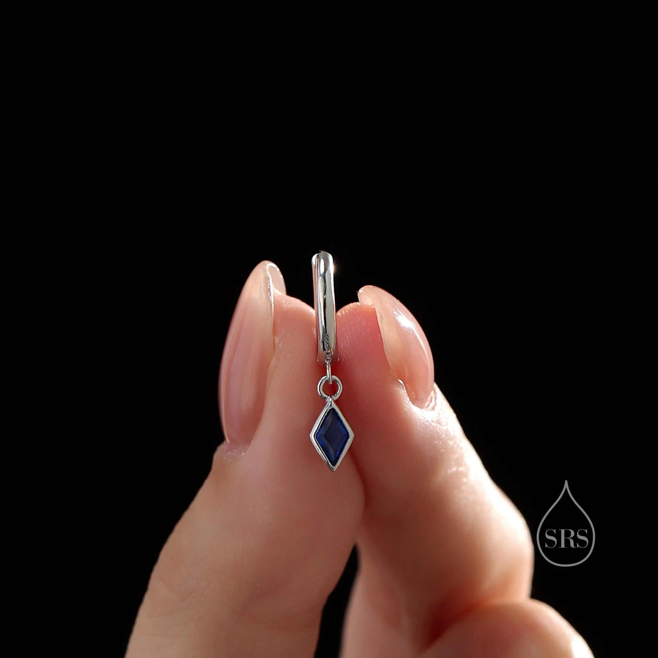 Very Tiny Rhombus Sapphire Blue CZ Huggie Hoop in Sterling Silver, Silver or Gold, Minimalist Simple Kite Shape CZ Hoop Earrings - Image 7