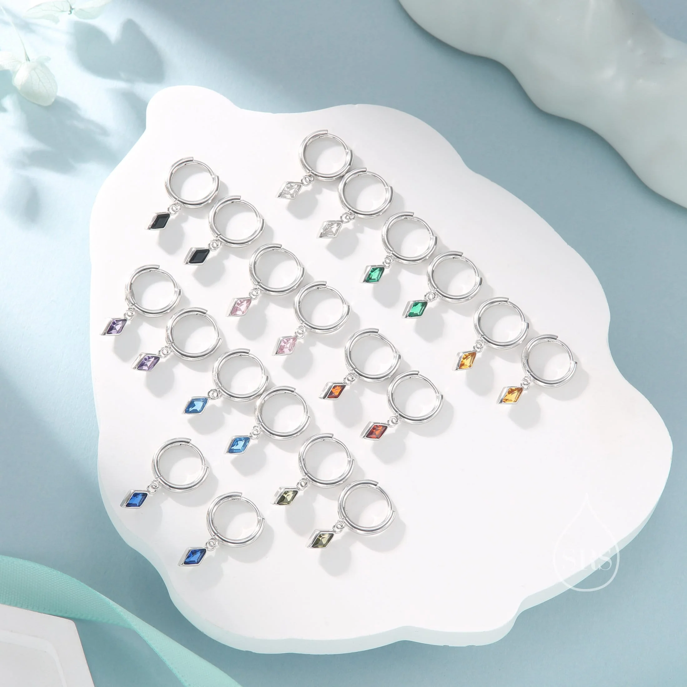 Very Tiny Rhombus Sapphire Blue CZ Huggie Hoop in Sterling Silver, Silver or Gold, Minimalist Simple Kite Shape CZ Hoop Earrings - Image 9