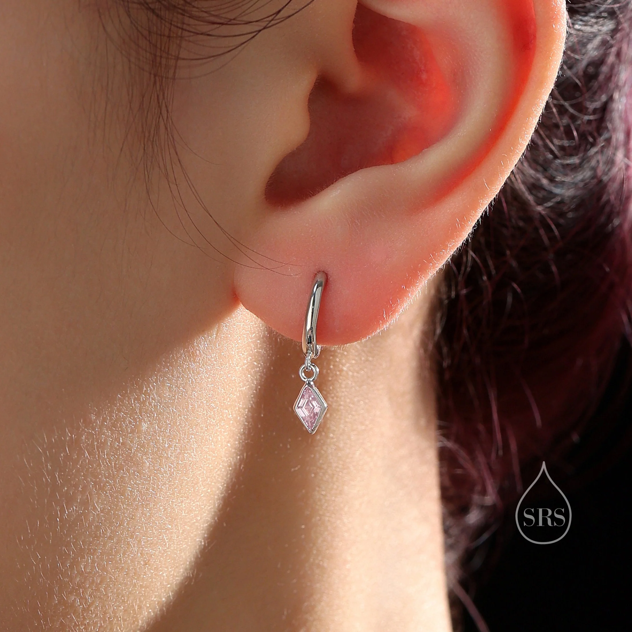 Very Tiny Rhombus Tourmaline Pink CZ Huggie Hoop in Sterling Silver, Silver or Gold, Minimalist Simple Kite Shape CZ Hoop Earrings - Image 6
