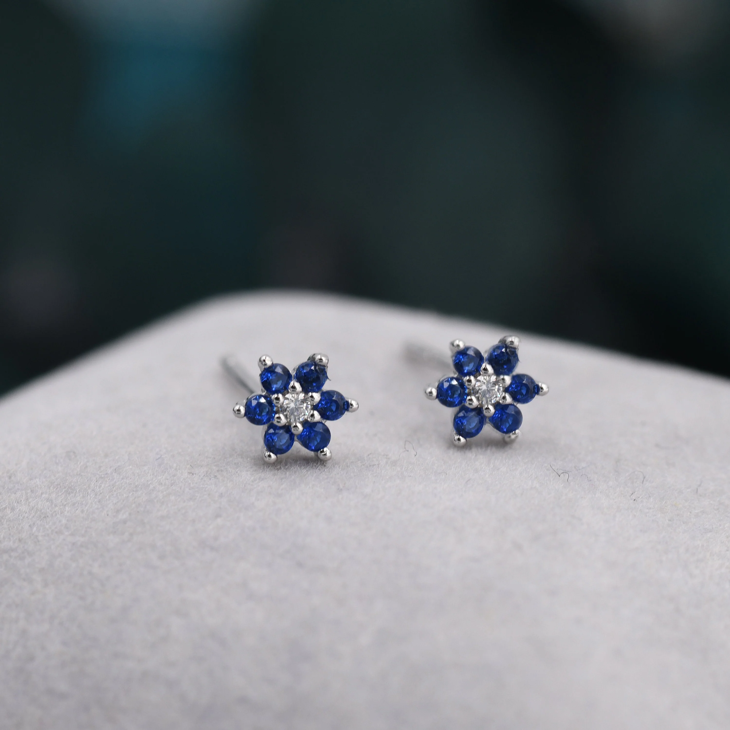 Very Tiny Sapphire Blue CZ Flower Stud Earrings in Sterling Silver, Silver or Gold, Crystal Flower Earrings, Stacking Earrings - Image 3