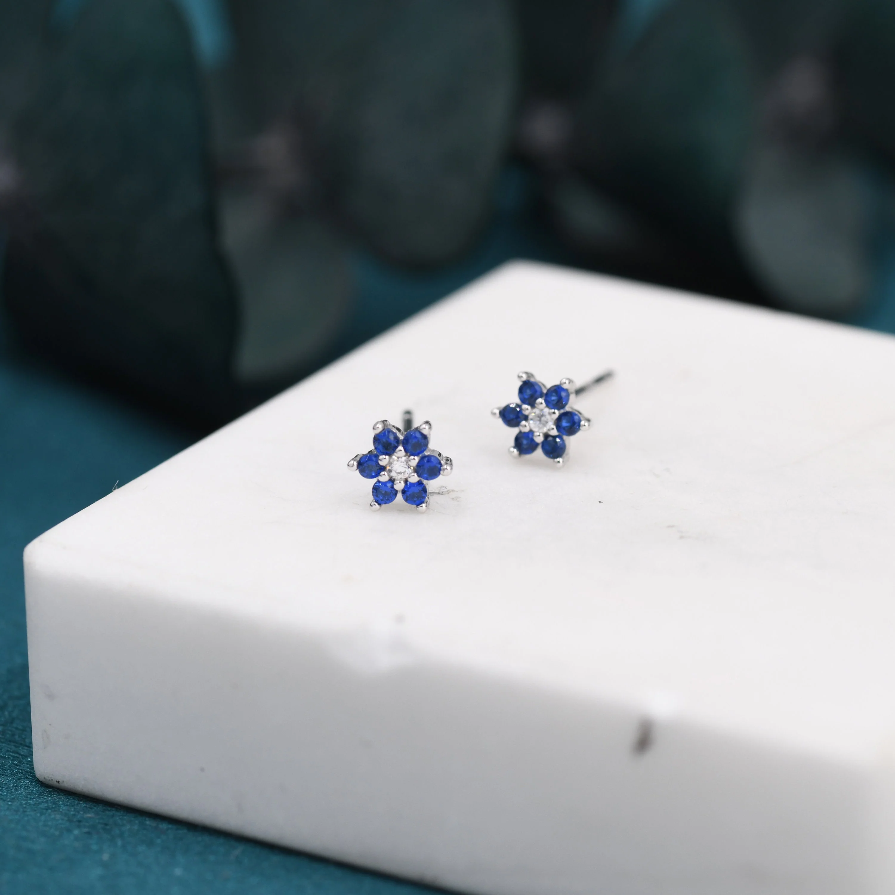 Very Tiny Sapphire Blue CZ Flower Stud Earrings in Sterling Silver, Silver or Gold, Crystal Flower Earrings, Stacking Earrings - Image 8