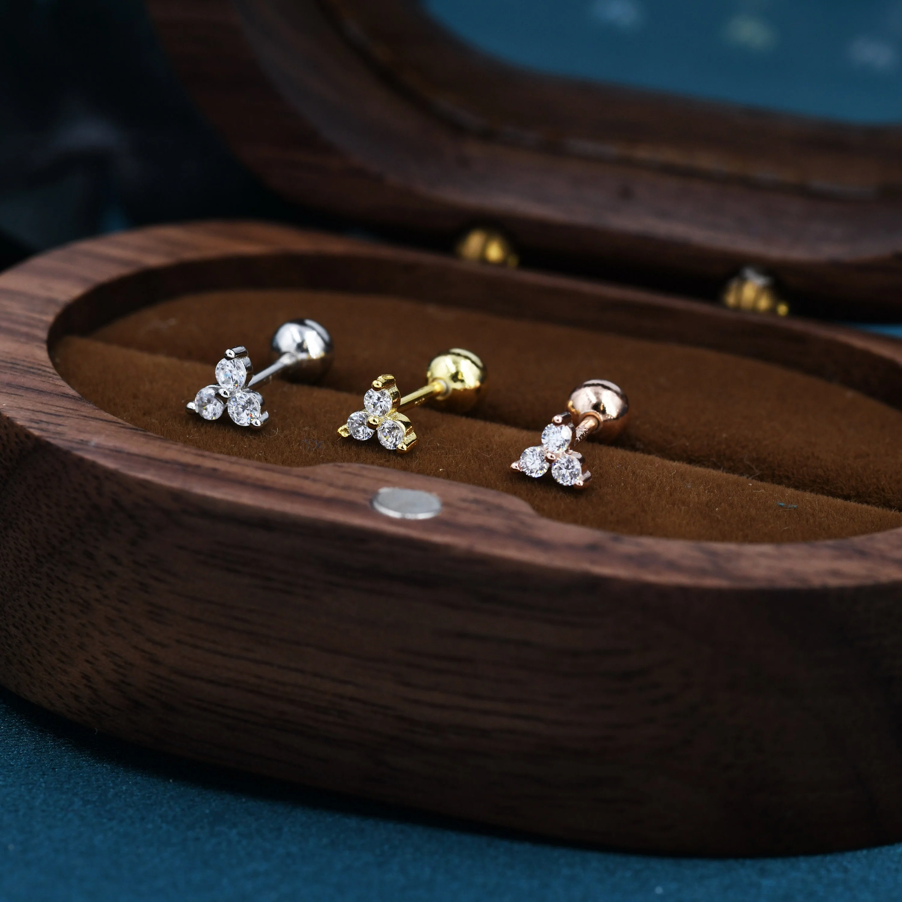 Very Tiny Three Dot Trio Screw Back Earrings in Sterling Silver with Sparkly CZ Crystals, Simple and Minimalist, Geometric and Discreet - Image 5