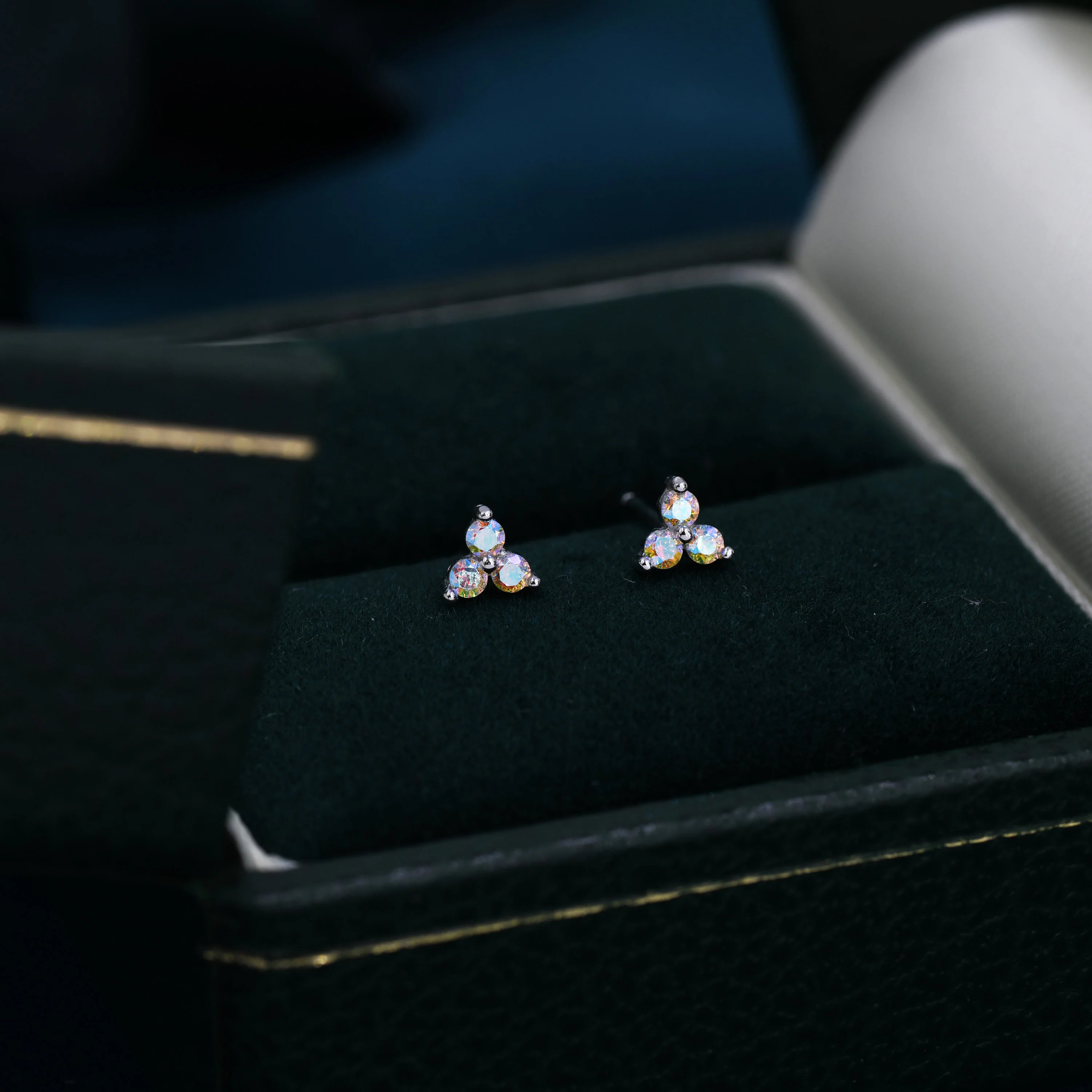 Extra Small Trinity Aurora CZ Stud Earrings in Sterling Silver - Gold or Silver - Aurora AB Crystal Trio Stud - Image 3