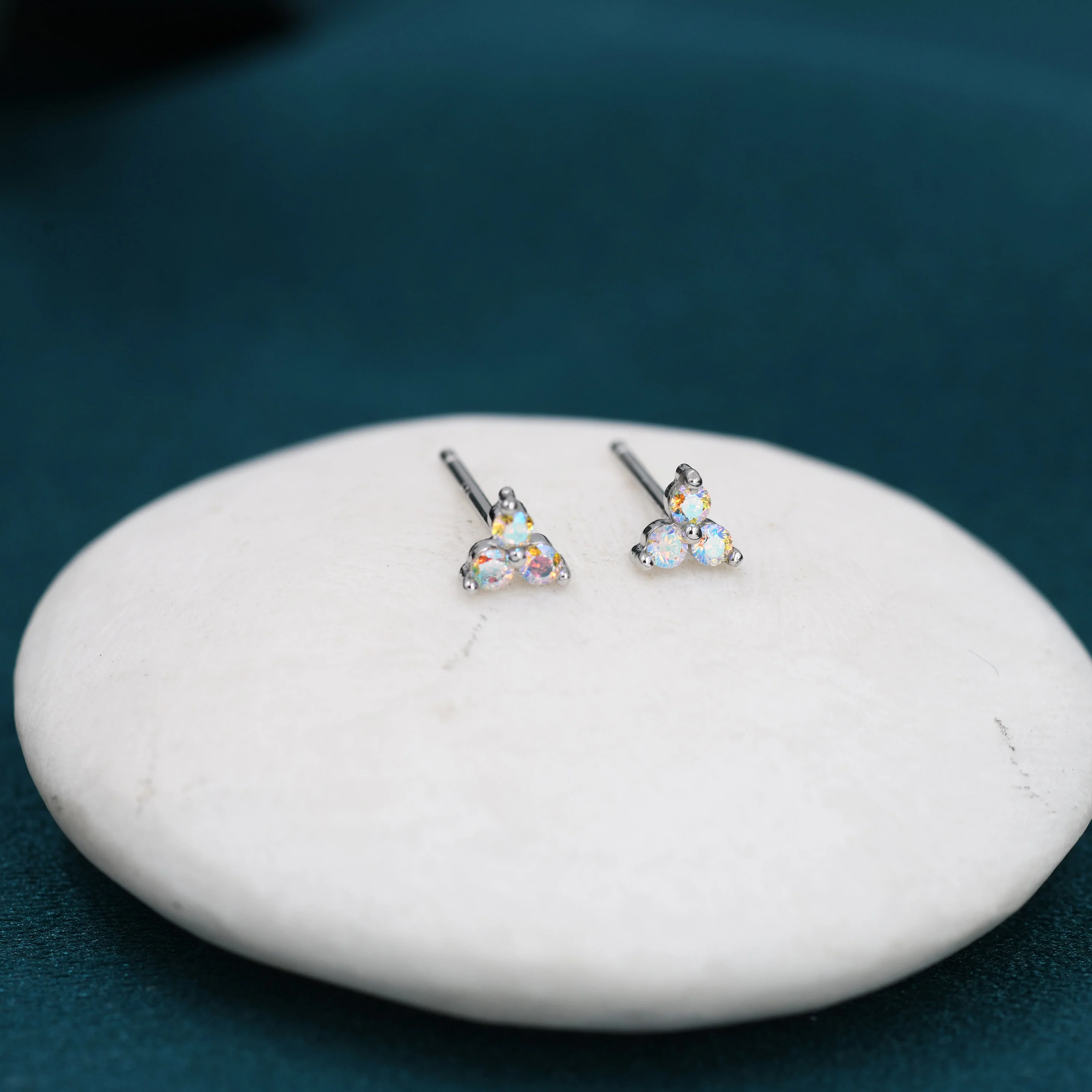 Extra Small Trinity Aurora CZ Stud Earrings in Sterling Silver - Gold or Silver - Aurora AB Crystal Trio Stud - Image 4