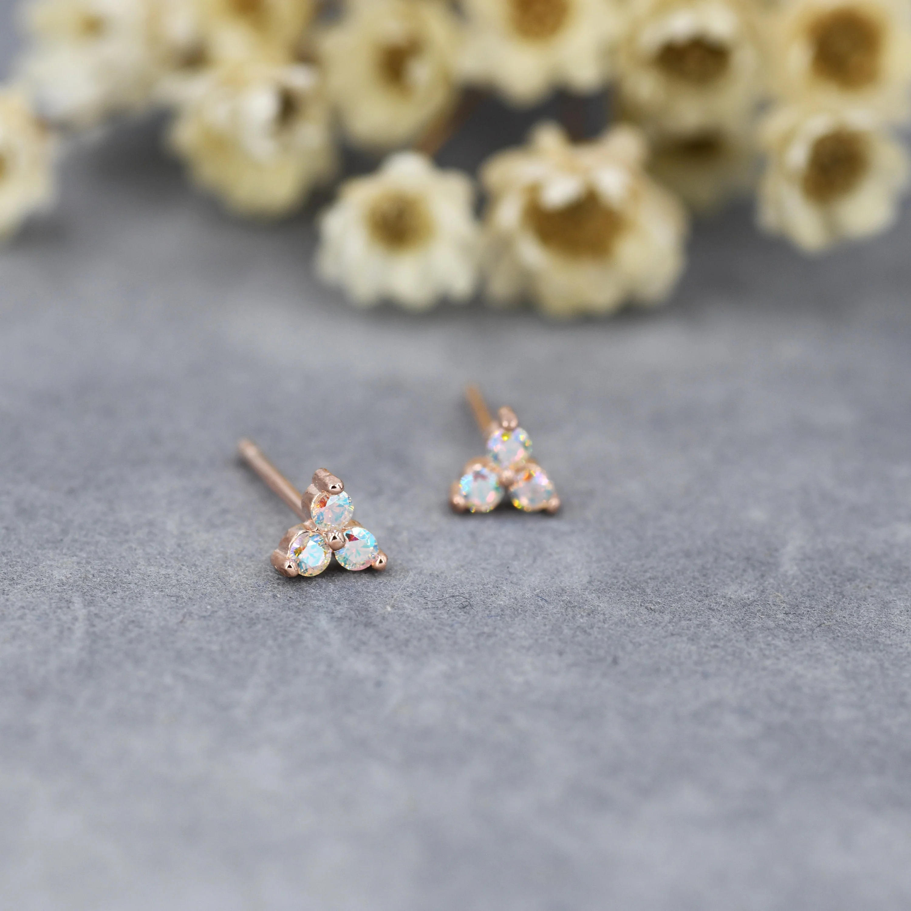 Extra Small Trinity Aurora CZ Stud Earrings in Sterling Silver - Gold or Silver - Aurora AB Crystal Trio Stud - Image 5