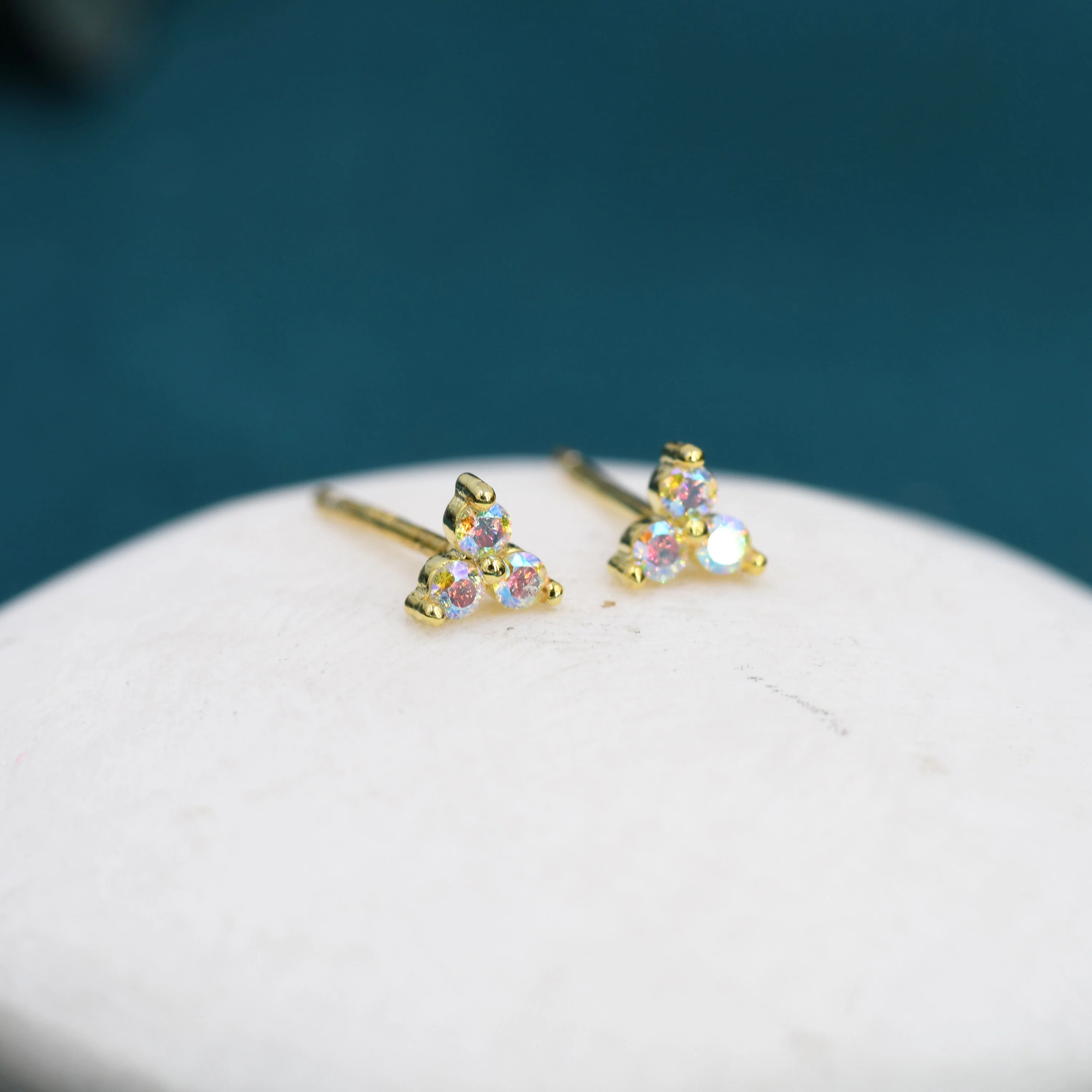 Extra Small Trinity Aurora CZ Stud Earrings in Sterling Silver - Gold or Silver - Aurora AB Crystal Trio Stud - Image 9