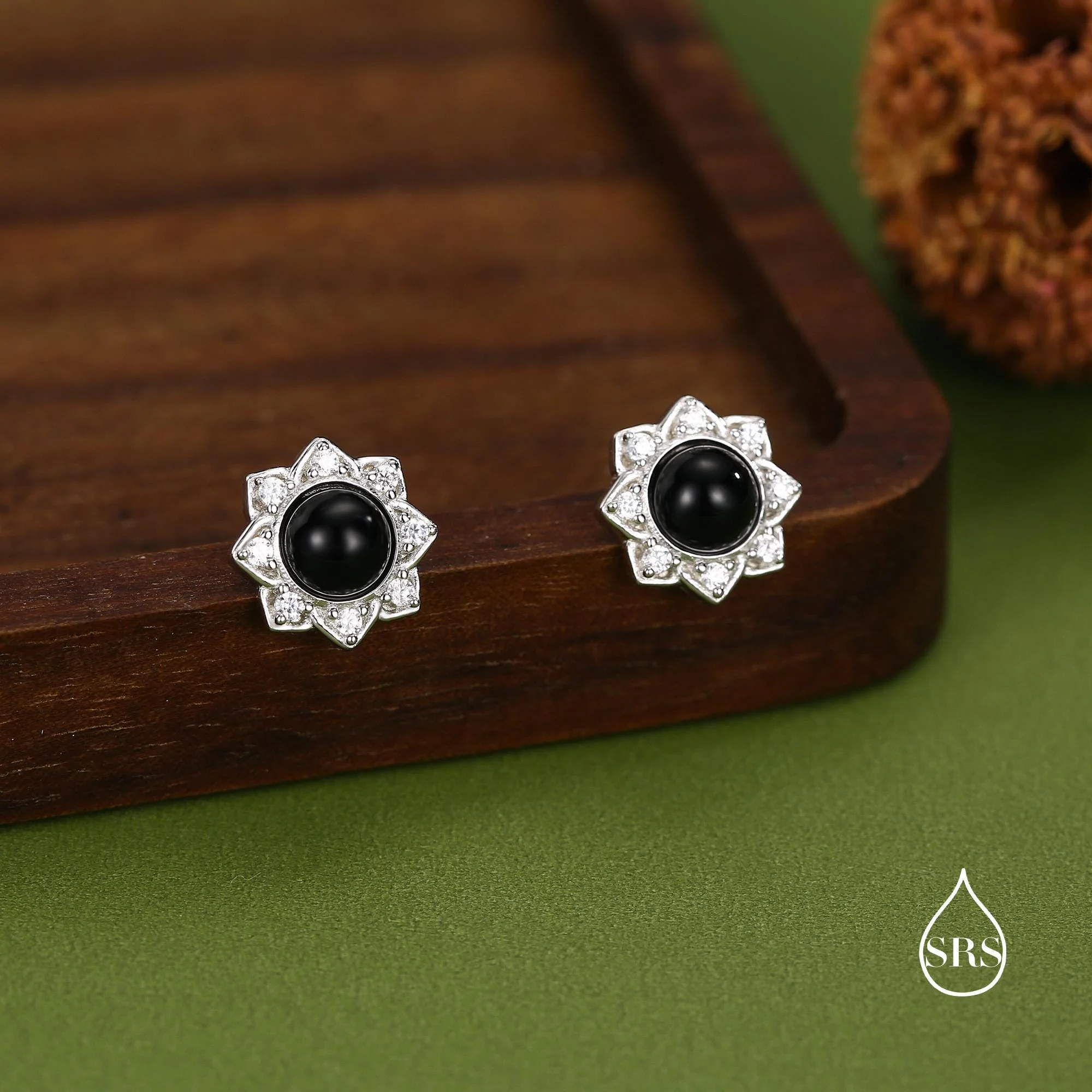 Vintage Inspired Black Onyx Flower CZ Stud Earrings In Sterling Silver, Black Agate Halo CZ Earrings, Natural Black Onyx Earrings - Image 2