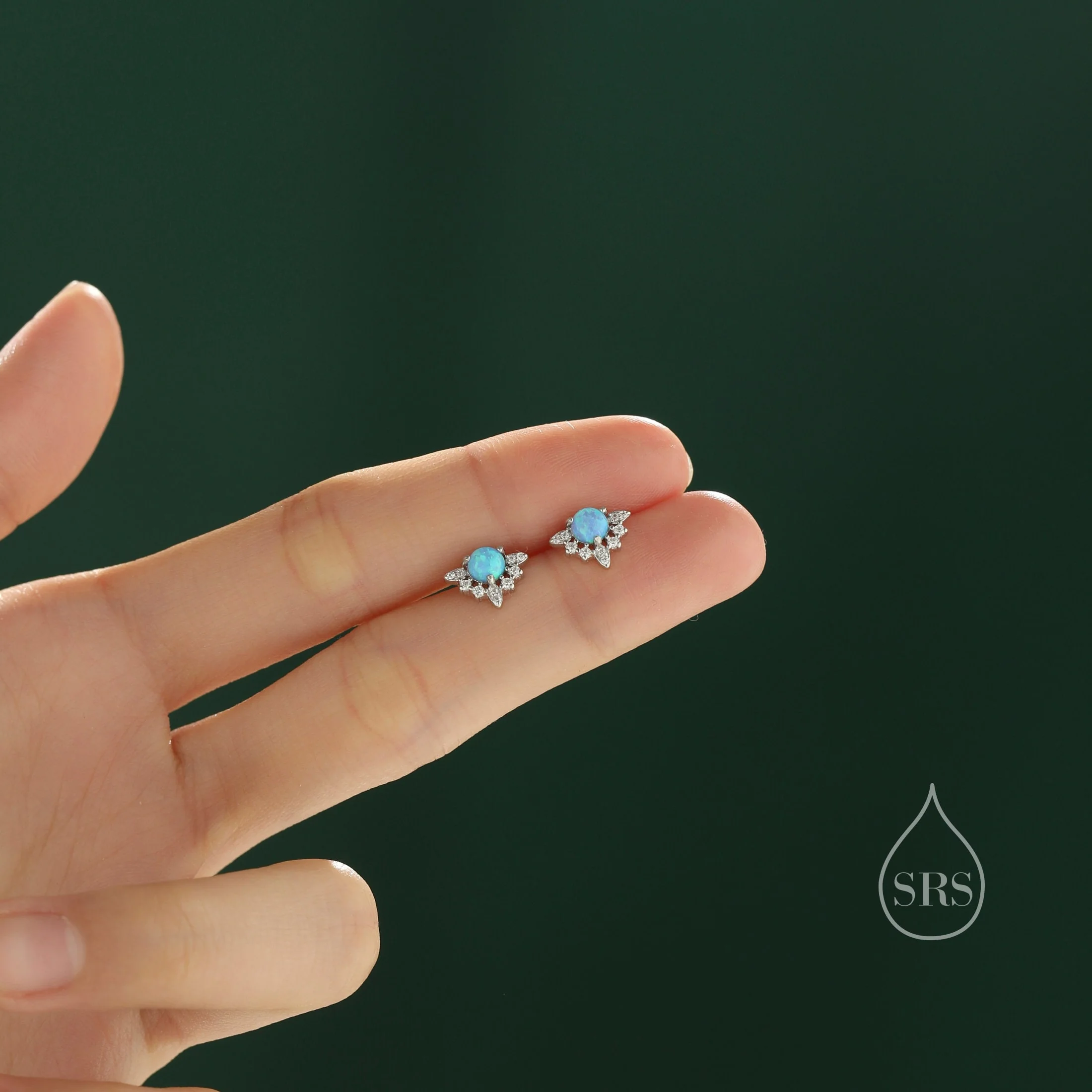 Vintage Inspired Blue Opal Flower CZ Stud Earrings, Lab Opal Halo CZ Earrings, Simulated Opal Earrings - Image 4