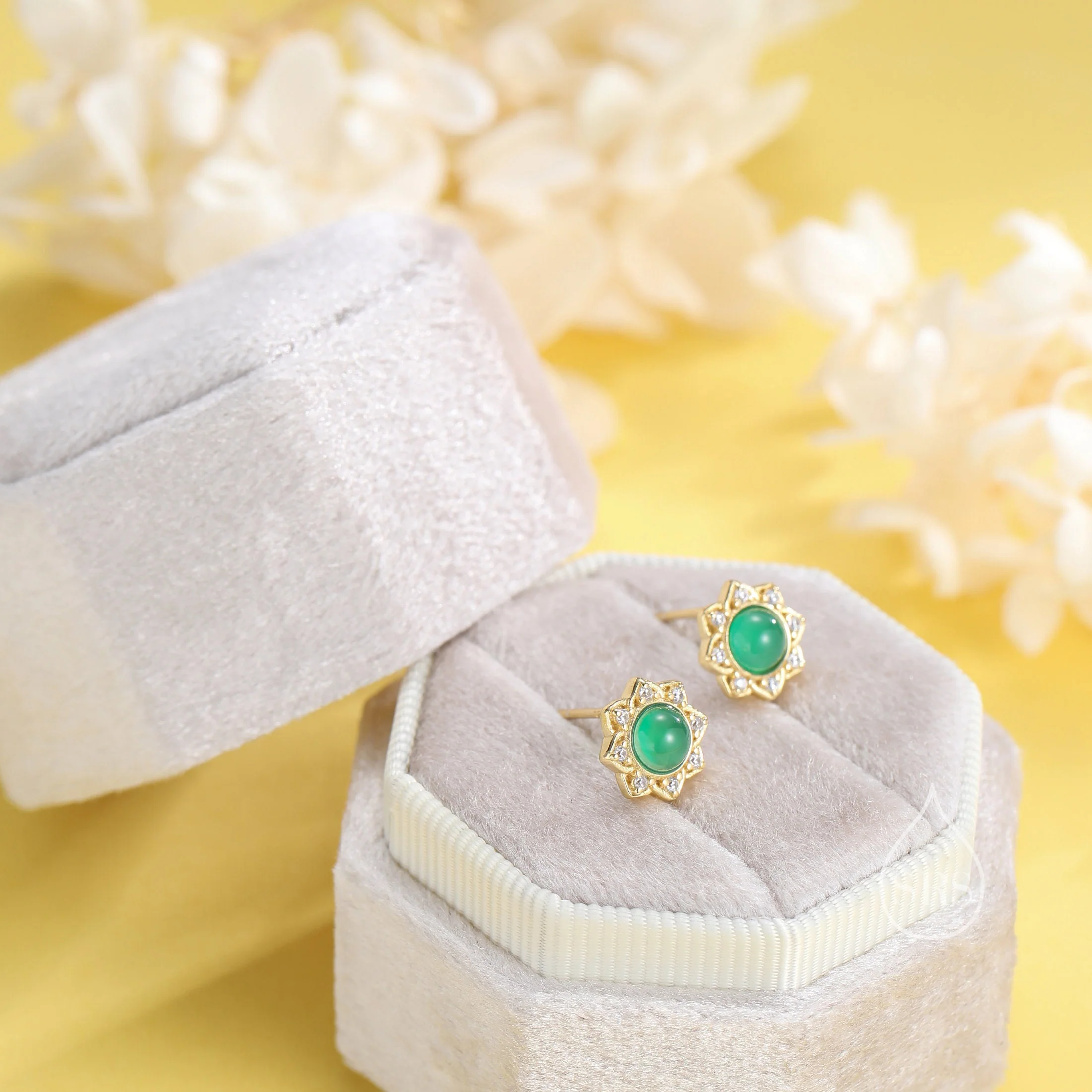 Vintage Inspired Green Onyx Flower CZ Stud Earrings, Green Agate Halo CZ Earrings, Natural Green Jade Earrings - Image 2