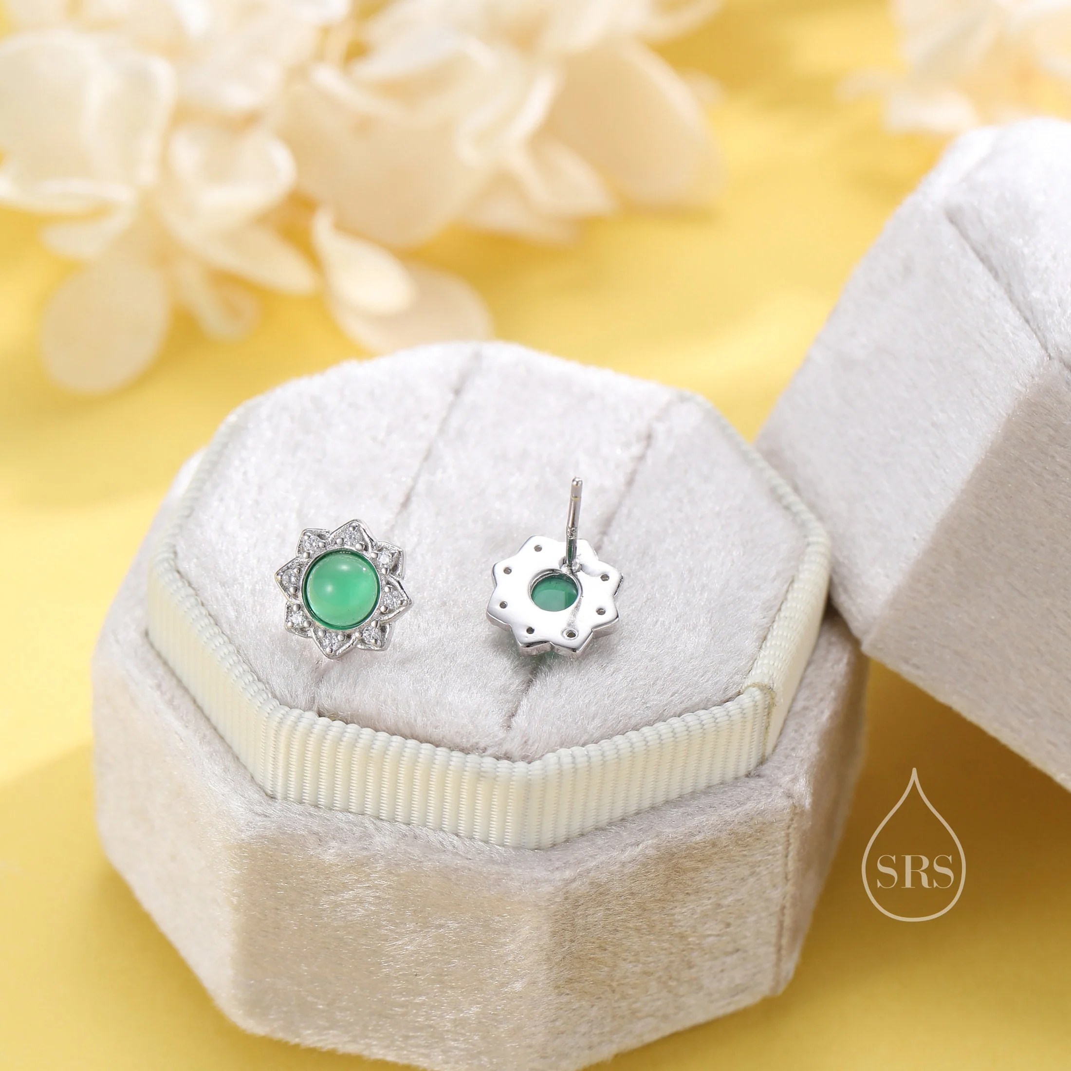 Vintage Inspired Green Onyx Flower CZ Stud Earrings, Green Agate Halo CZ Earrings, Natural Green Jade Earrings - Image 3