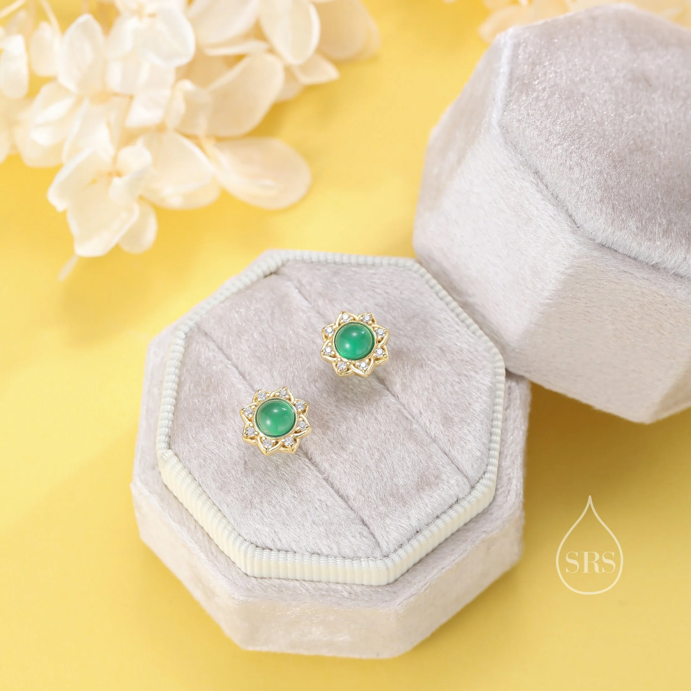 Vintage Inspired Green Onyx Flower CZ Stud Earrings, Green Agate Halo CZ Earrings, Natural Green Jade Earrings - Image 4
