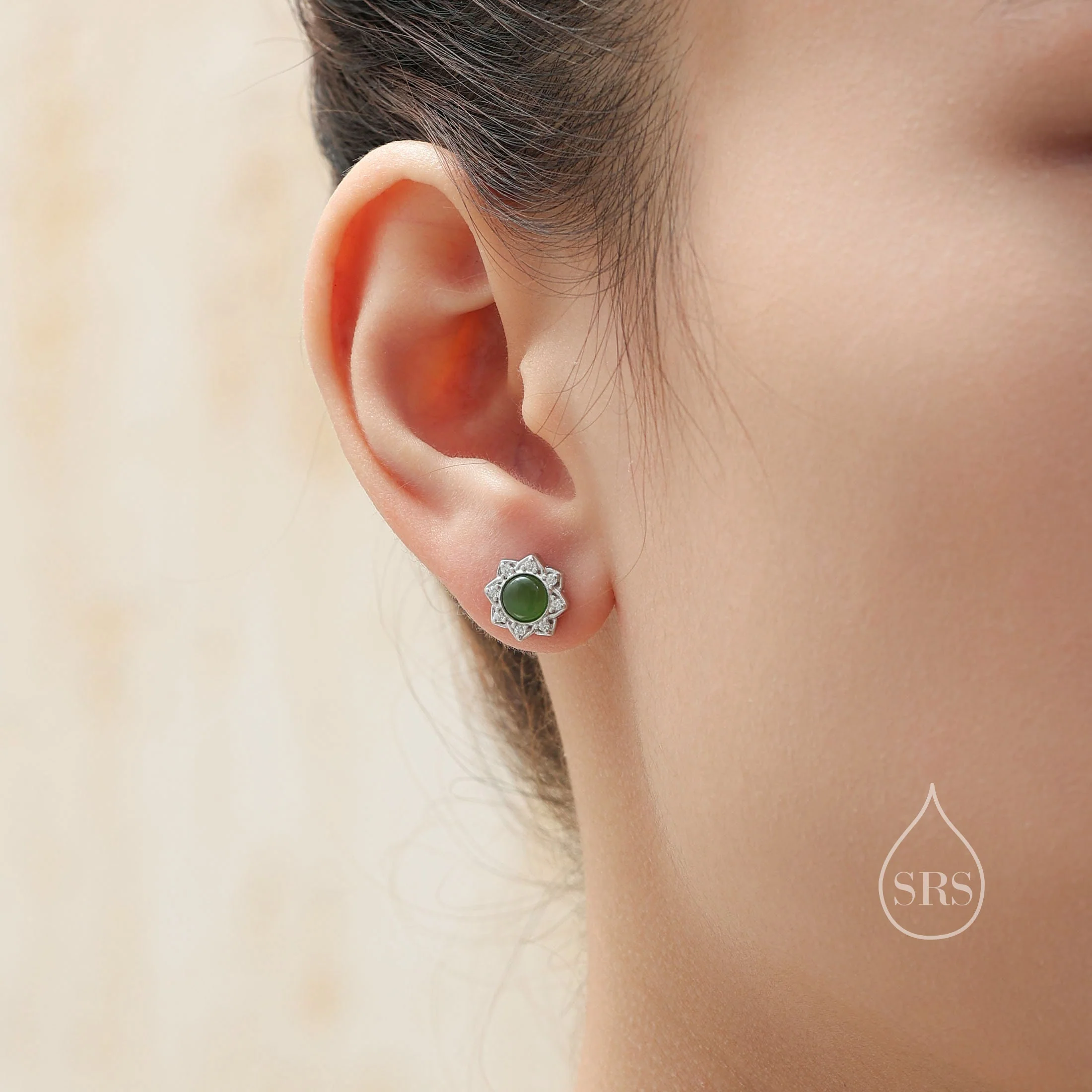 Vintage Inspired Green Onyx Flower CZ Stud Earrings, Green Agate Halo CZ Earrings, Natural Green Jade Earrings - Image 5