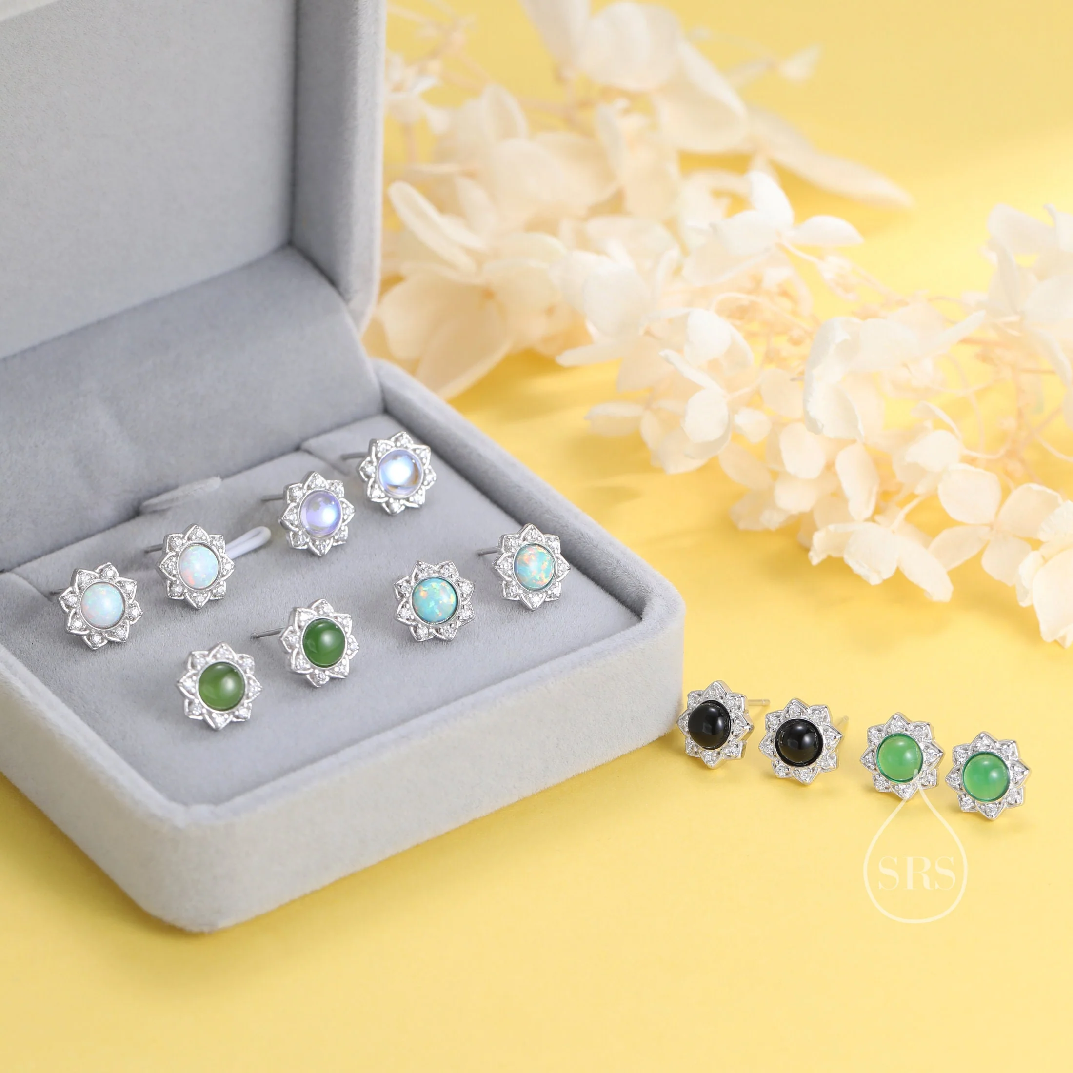 Vintage Inspired Green Onyx Flower CZ Stud Earrings, Green Agate Halo CZ Earrings, Natural Green Jade Earrings - Image 8