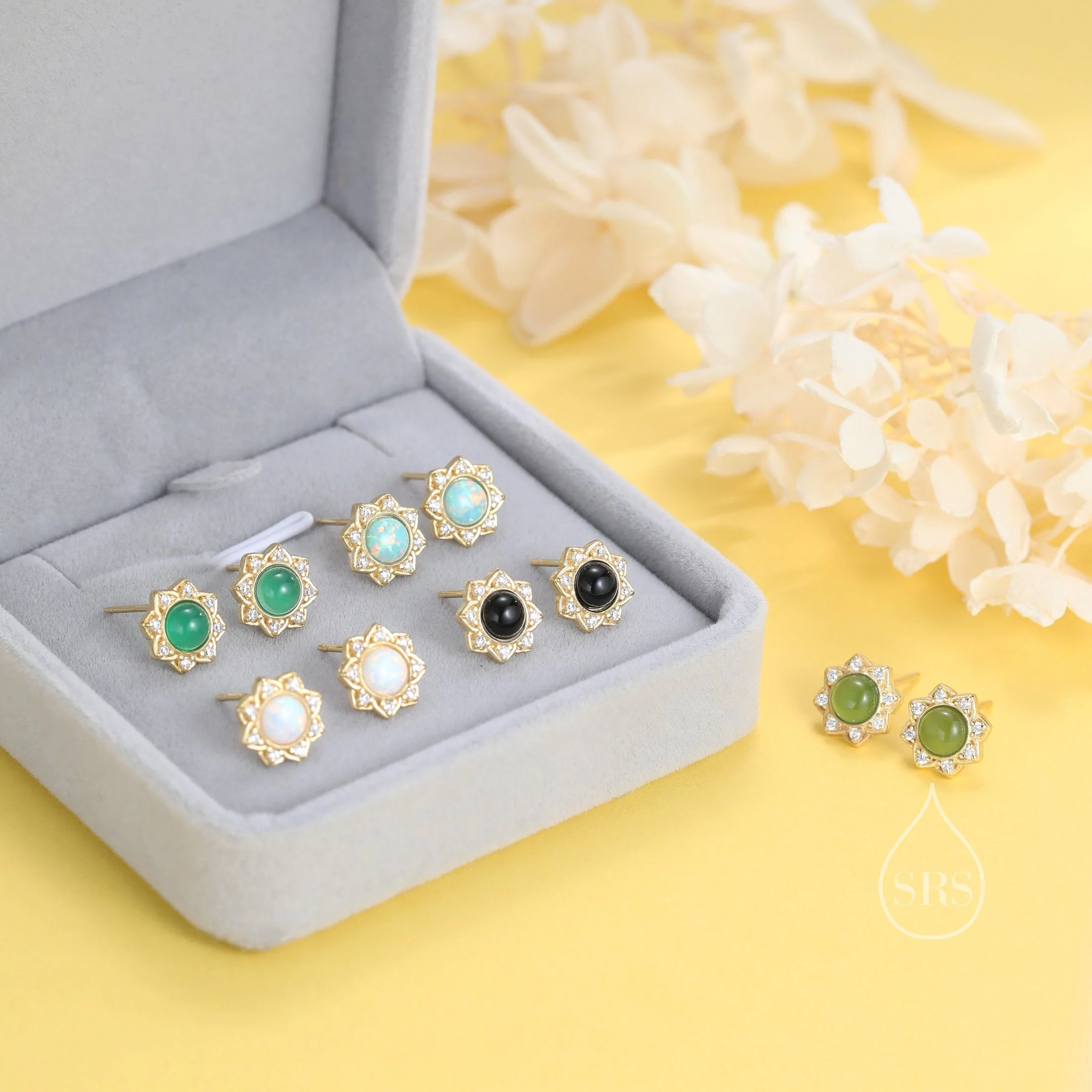 Vintage Inspired Green Onyx Flower CZ Stud Earrings, Green Agate Halo CZ Earrings, Natural Green Jade Earrings - Image 9