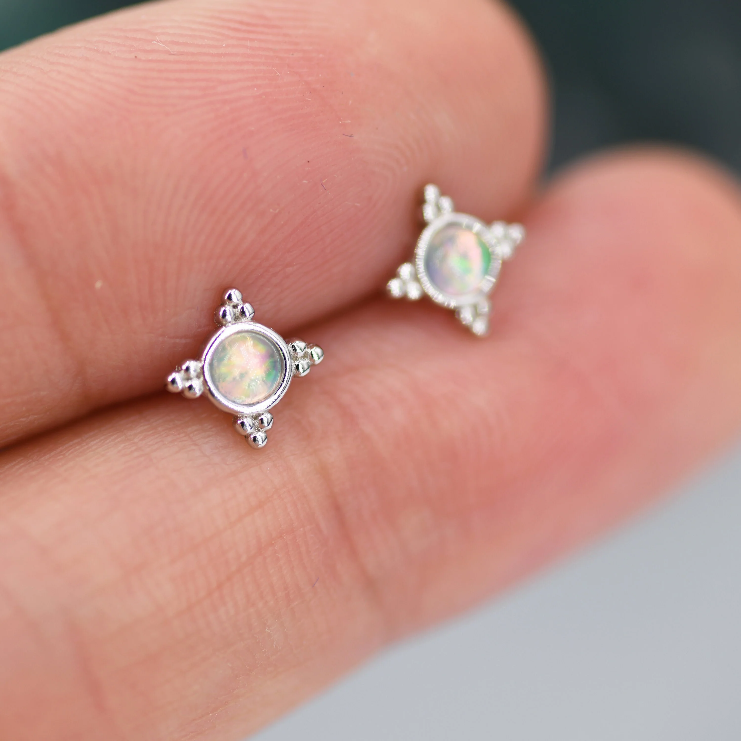 Vintage Inspired Opal Stud Earrings in Sterling Silver, Silver, Gold or Rose Gold, Three Dot Opal Earrings, Stacking Earrings - Image 7