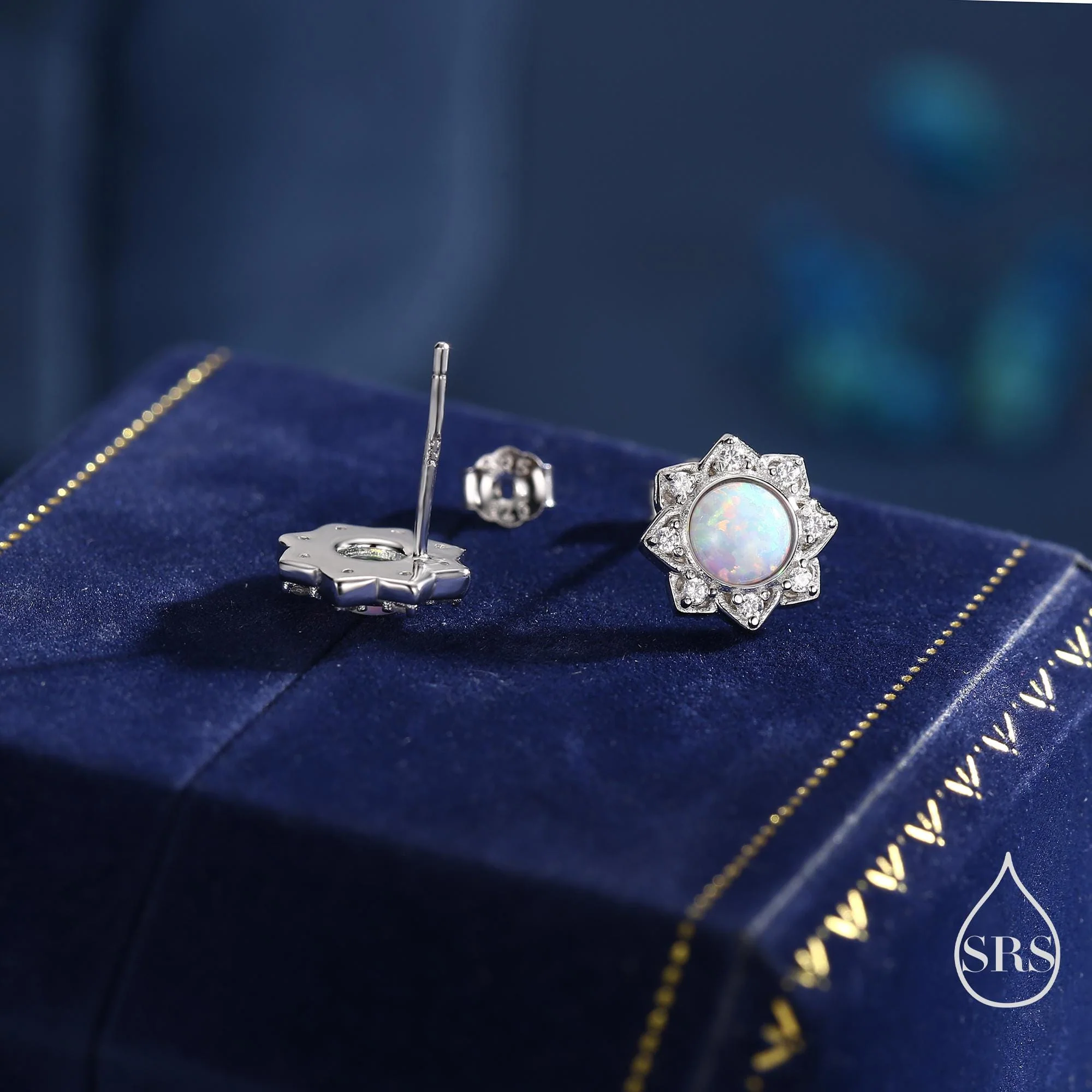Vintage Inspired White Opal Flower CZ Stud Earrings, Lab Opal Halo CZ Earrings, Fire Opal Earrings, Vintage Style Opal CZ Earrings - Image 3