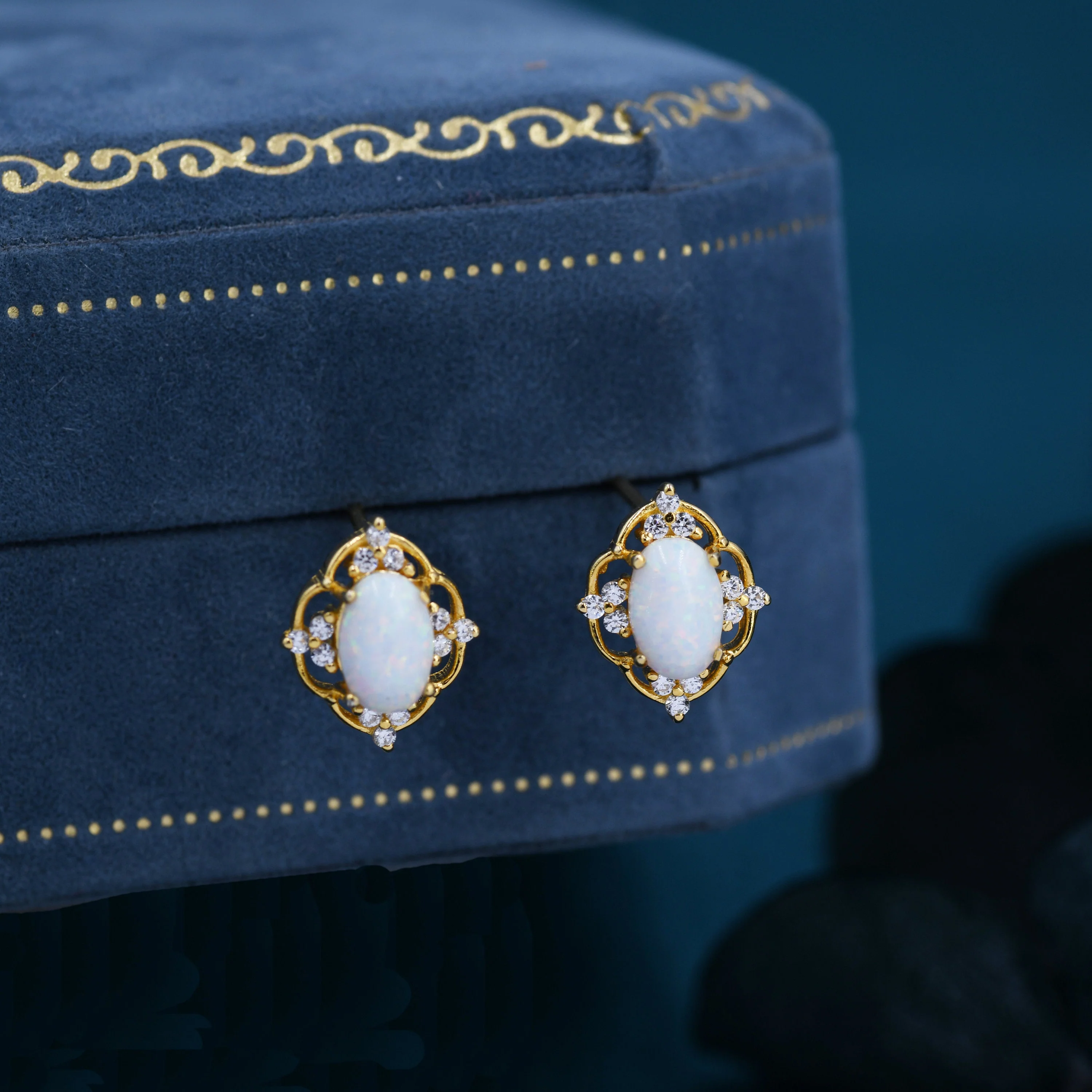 Vintage Style Opal Stud Earrings in Sterling Silver, Gold over Sterling Silver, Opal Earrings - Image 3