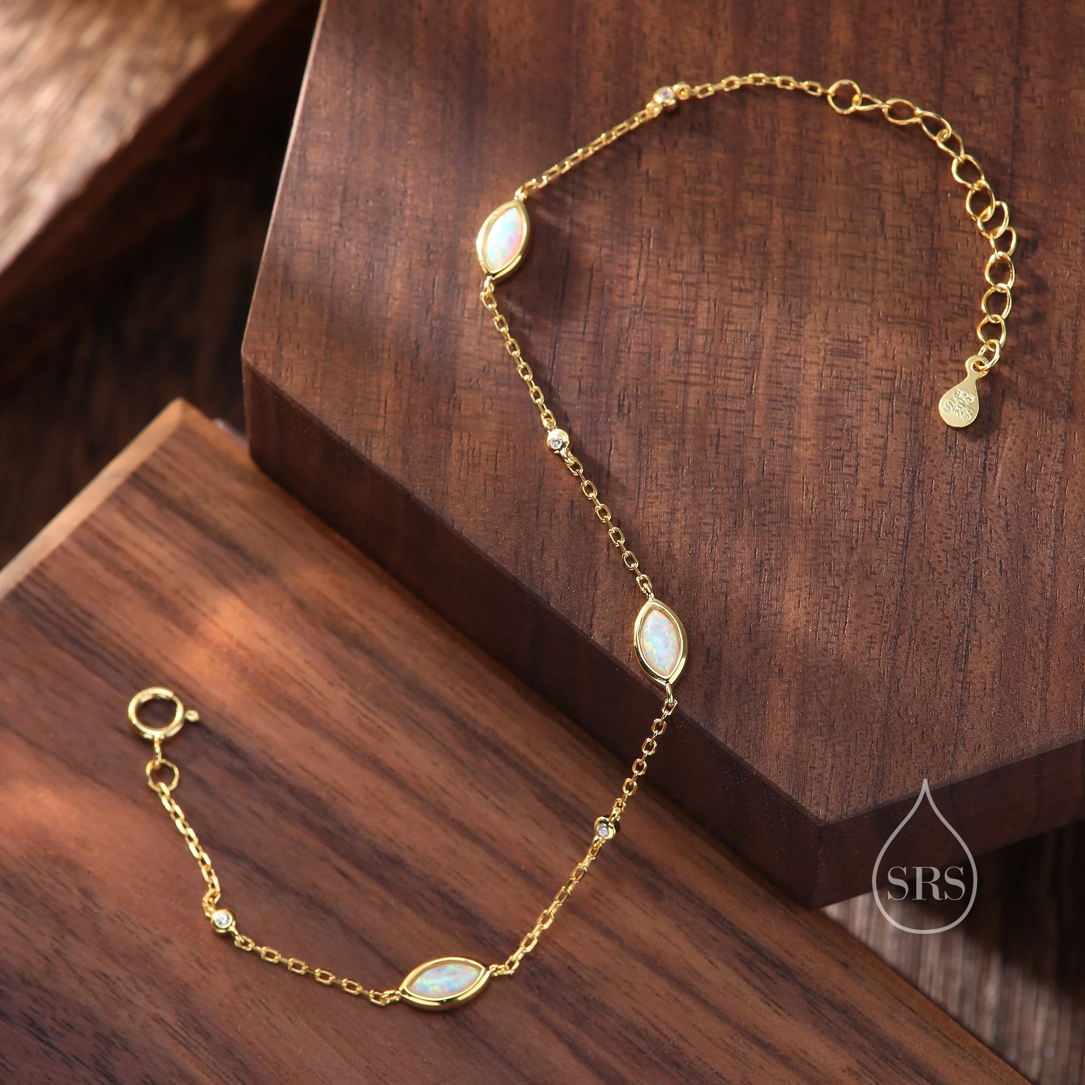 White Fire Opal Marquise Satellite Bracelet in Sterling Silver, Silver or Gold, Simulated Opal Bracelet, Marquise Opal Motif Bracelet - Image 4