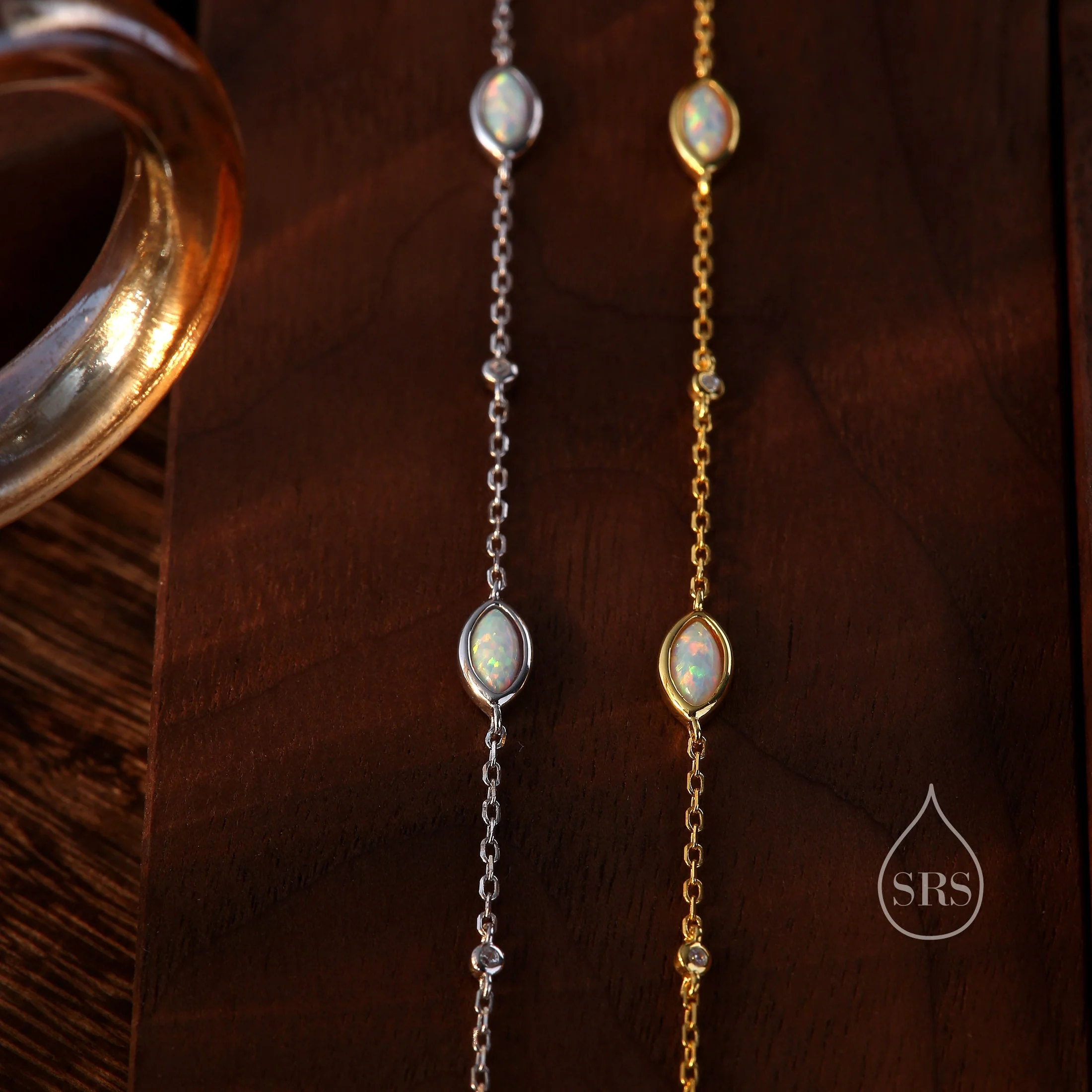 White Fire Opal Marquise Satellite Bracelet in Sterling Silver, Silver or Gold, Simulated Opal Bracelet, Marquise Opal Motif Bracelet - Image 5