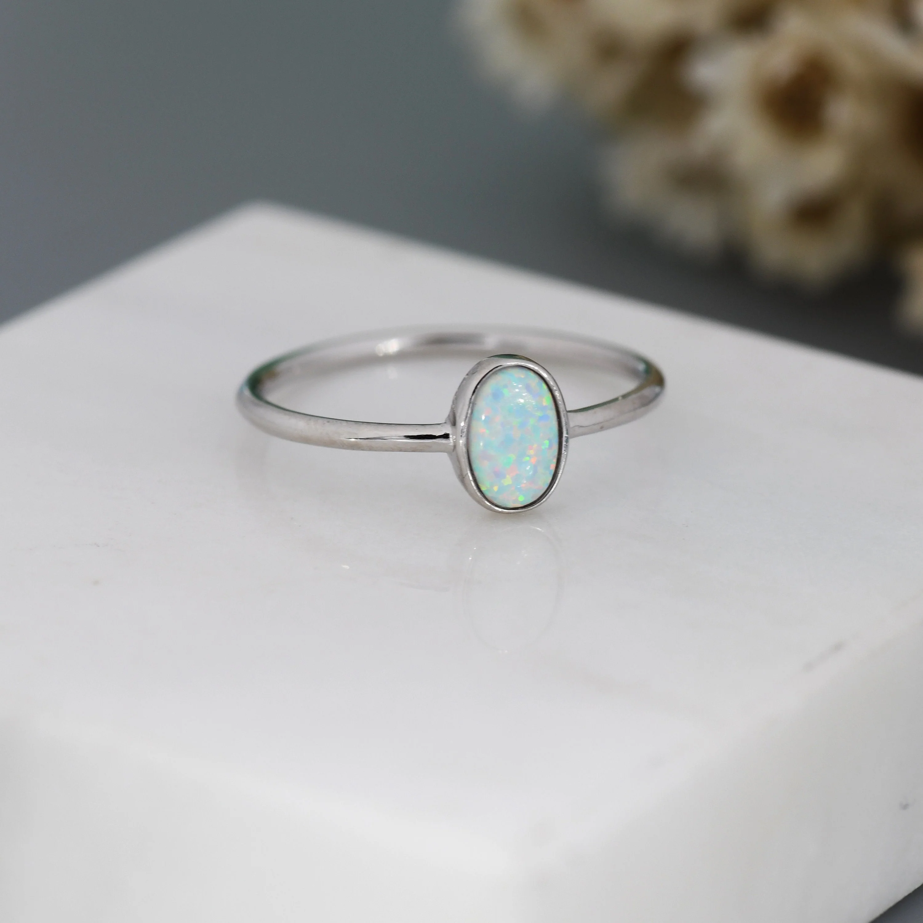 White Fire Oval Opal Ring in Sterling Silver, US 5 - 8, Delicate Opal Stone Ring, Lab Created Opal Ring, Simulated Opal Ring - Image 4