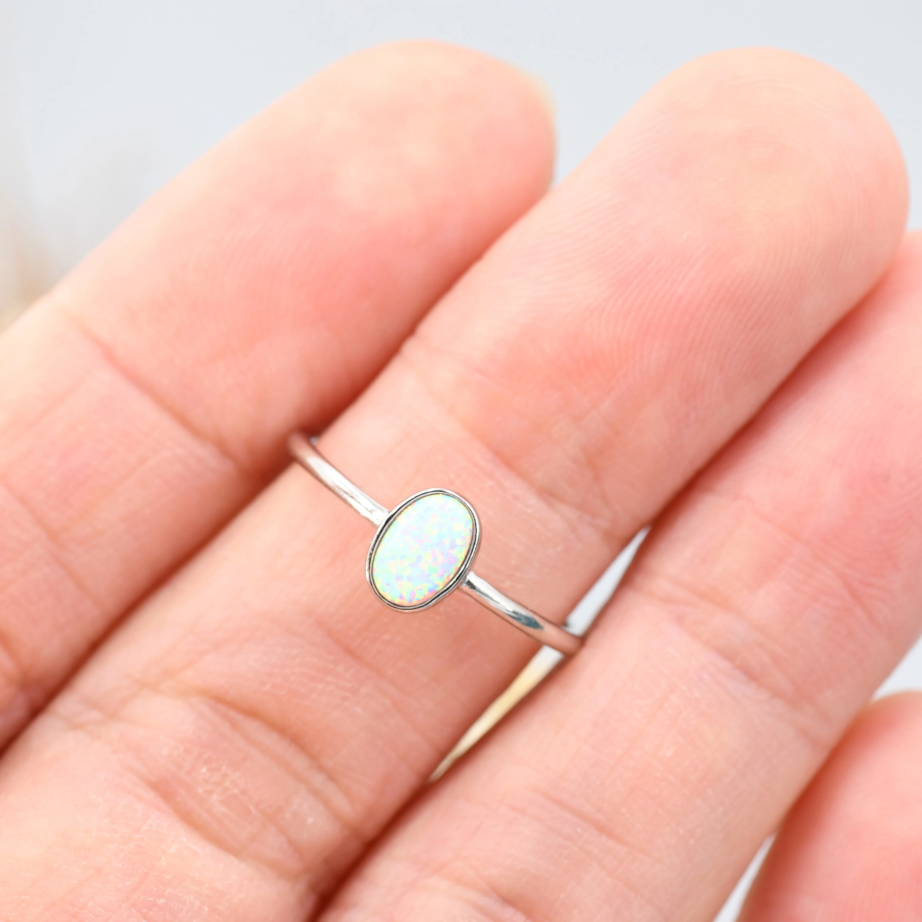 White Fire Oval Opal Ring in Sterling Silver, US 5 - 8, Delicate Opal Stone Ring, Lab Created Opal Ring, Simulated Opal Ring - Image 7