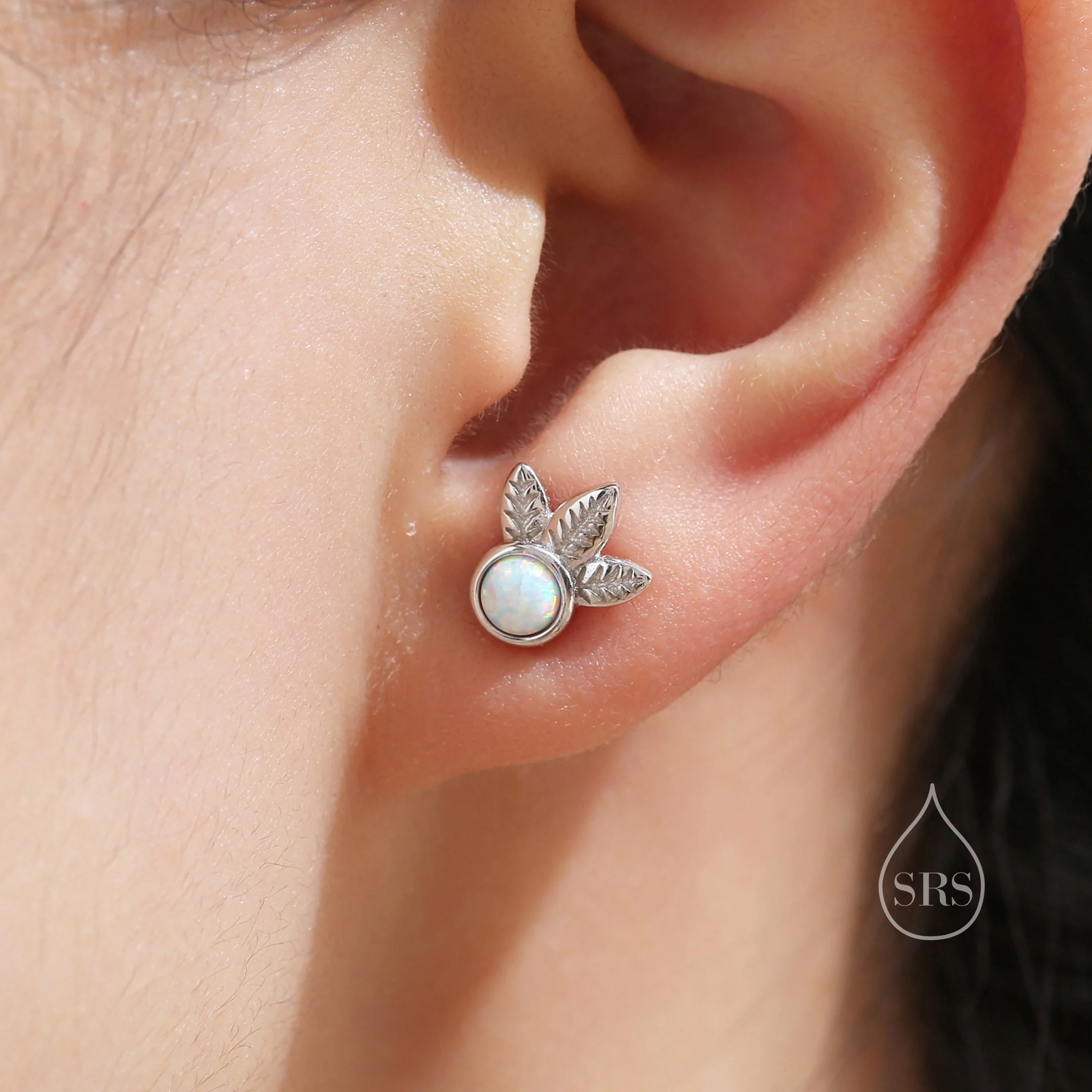 White Opal and Leaf Motif Stud Earrings in Sterling Silver, Lab Opal Leaf Earrings, Fire Opal Tree Earrings - Image 6