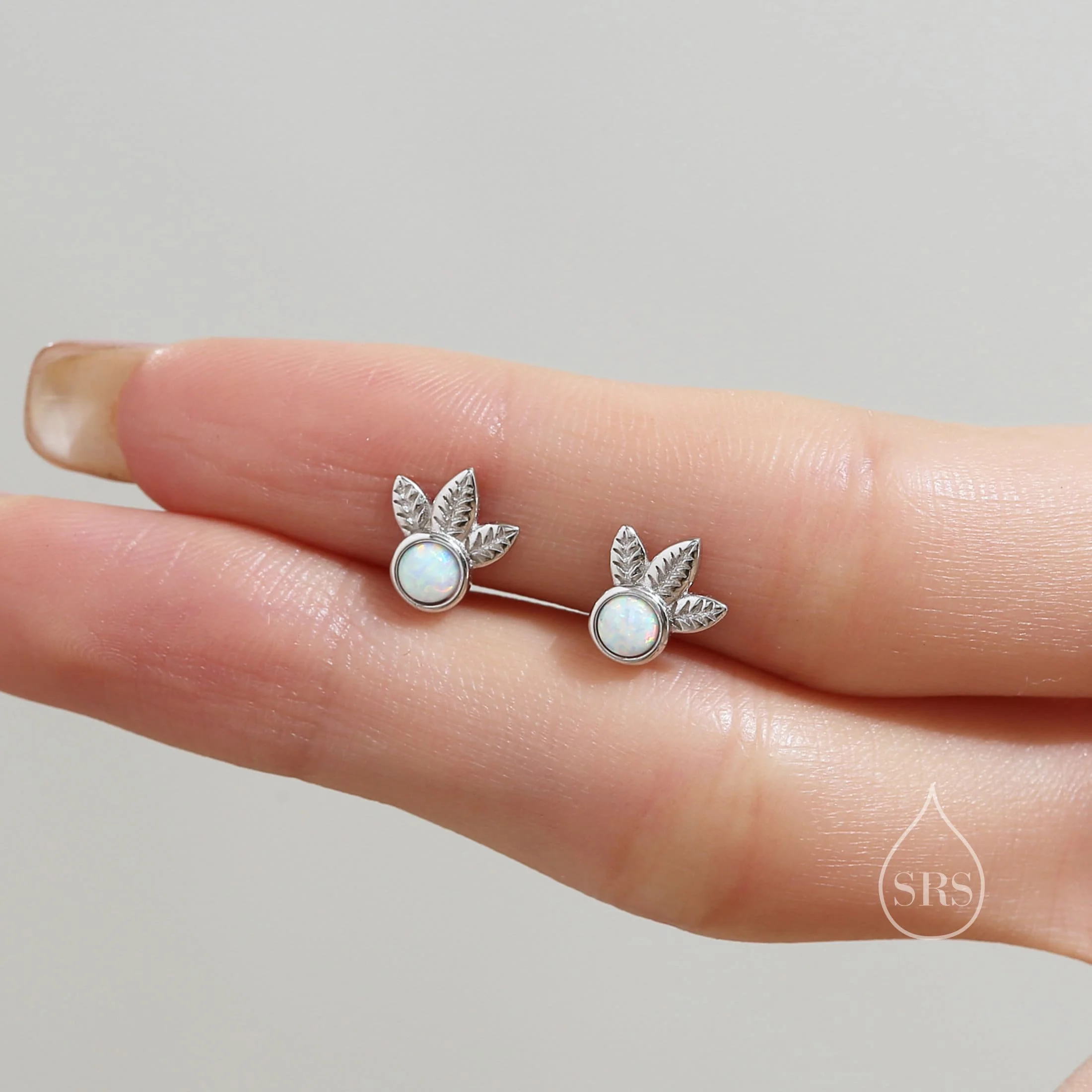 White Opal and Leaf Motif Stud Earrings in Sterling Silver, Lab Opal Leaf Earrings, Fire Opal Tree Earrings - Image 8