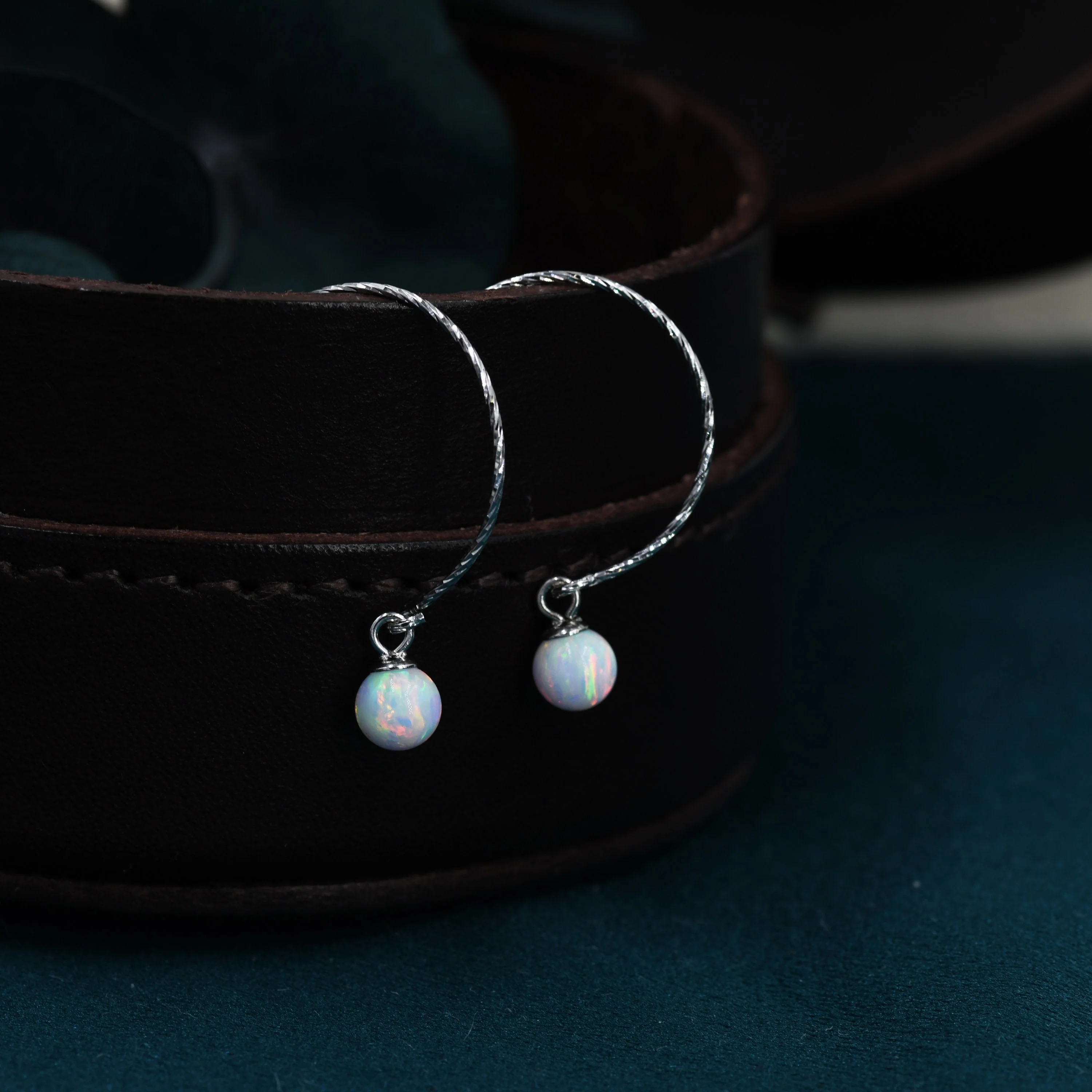 White Opal Bead Dangle Earrings in Sterling Silver, 15mm Hook Earrings, Round Hoop Lab Opal Beaded Earrings - Image 2
