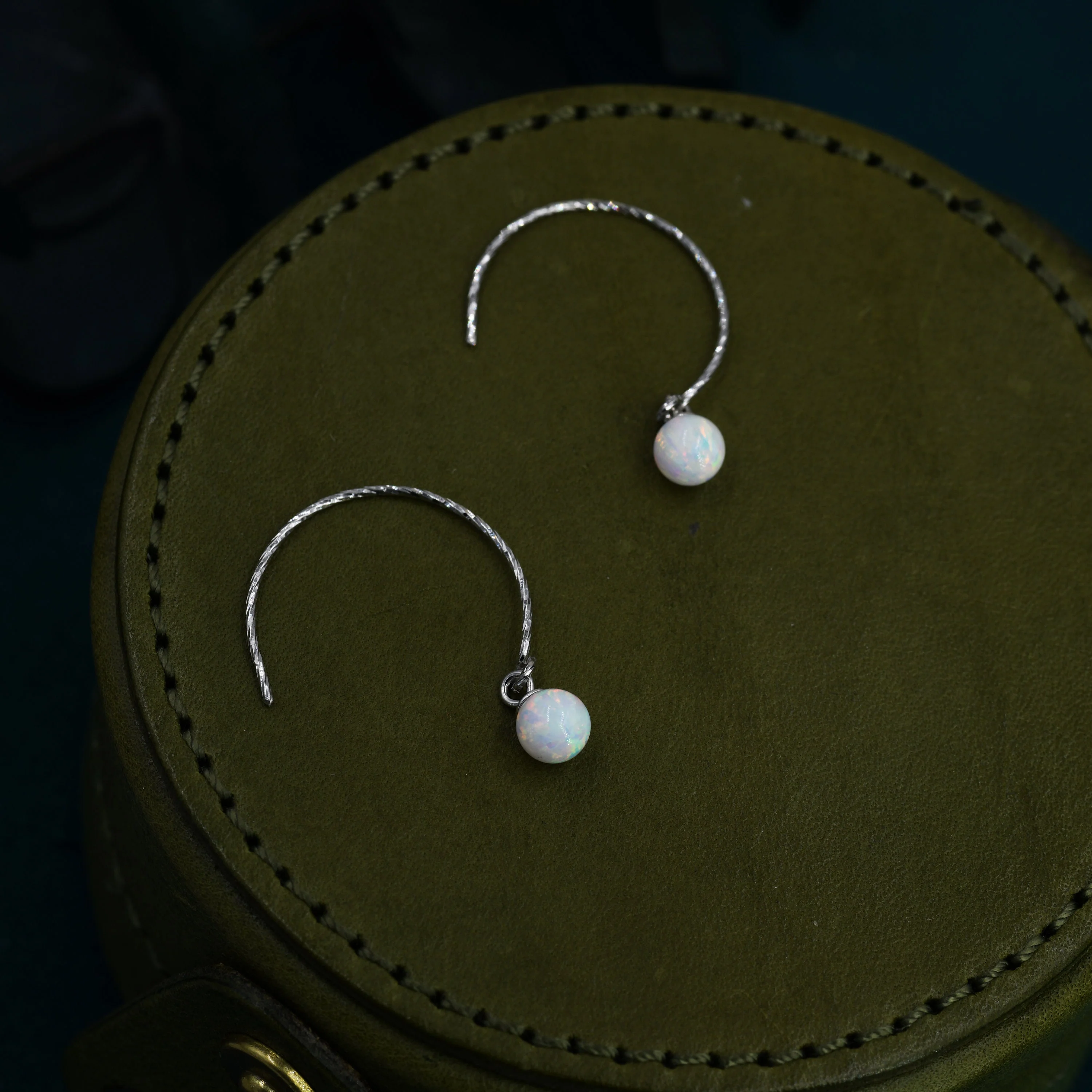 White Opal Bead Dangle Earrings in Sterling Silver, 15mm Hook Earrings, Round Hoop Lab Opal Beaded Earrings - Image 5