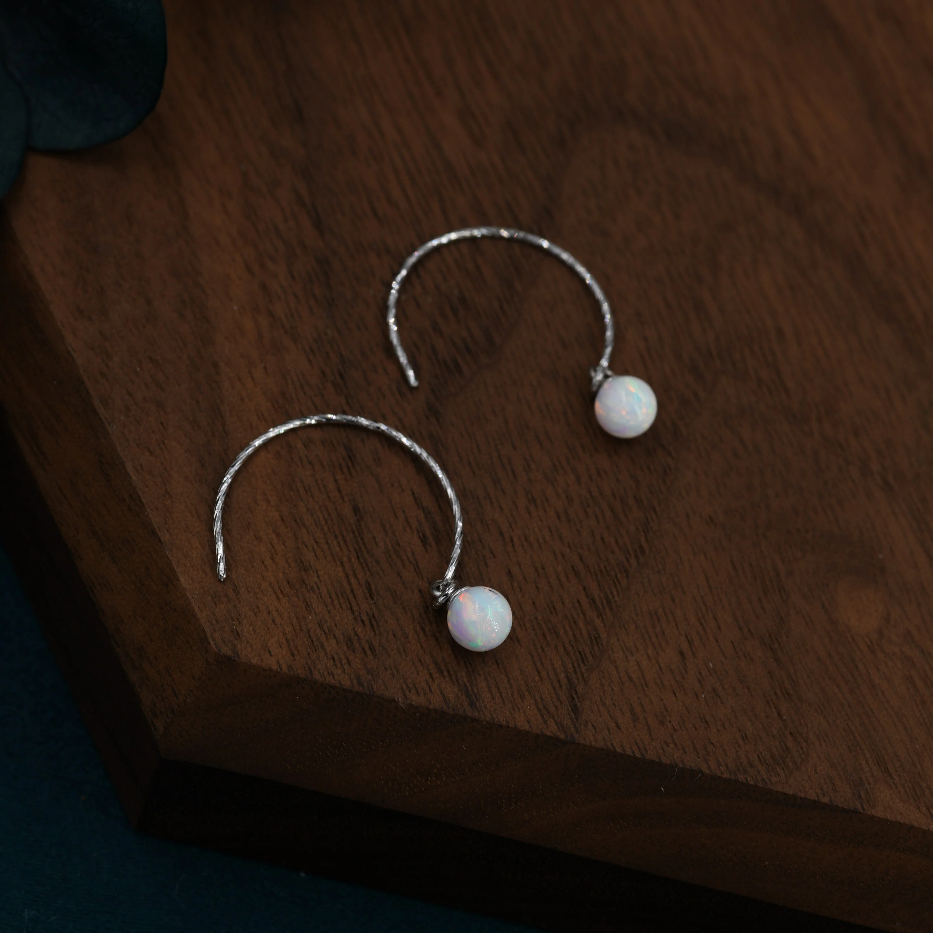White Opal Bead Dangle Earrings in Sterling Silver, 15mm Hook Earrings, Round Hoop Lab Opal Beaded Earrings - Image 9