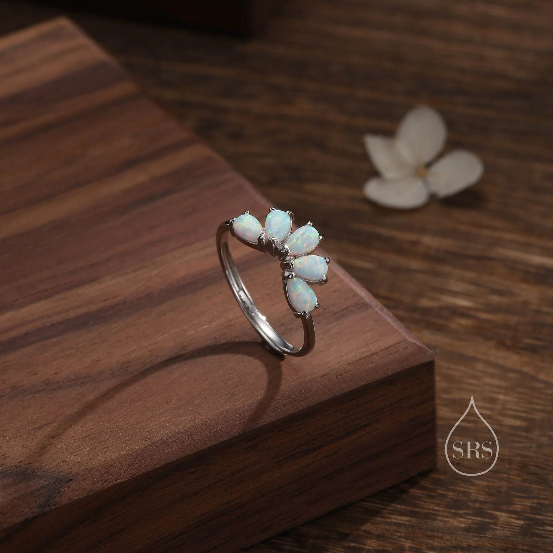 White Opal Curved Ring in Sterling Silver, Lab Opal Tiara Ring, Adjustable Size Fire Opal Chevron Ring, Simulated Opal Nesting Ring