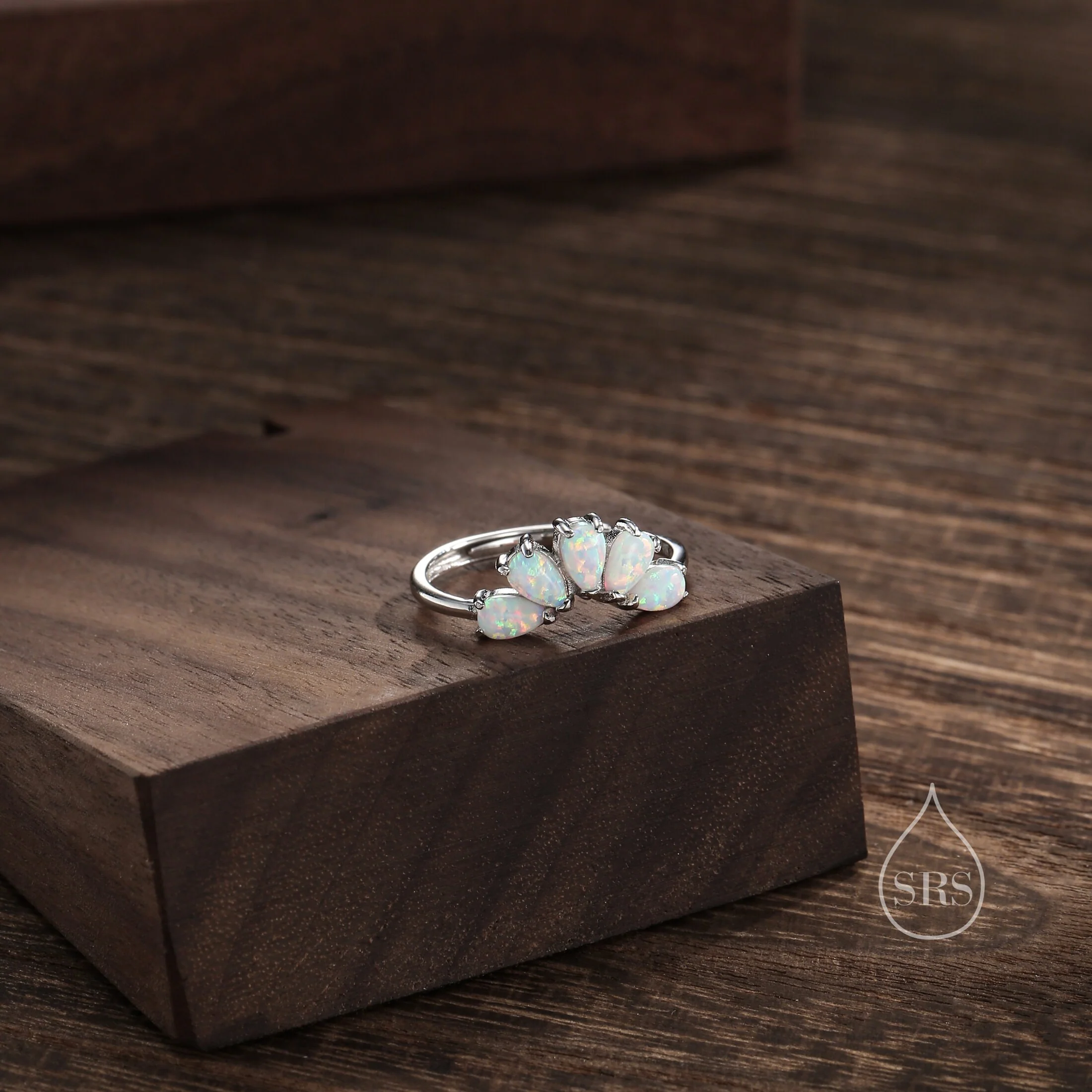 White Opal Curved Ring in Sterling Silver, Lab Opal Tiara Ring, Adjustable Size Fire Opal Chevron Ring, Simulated Opal Nesting Ring - Image 4