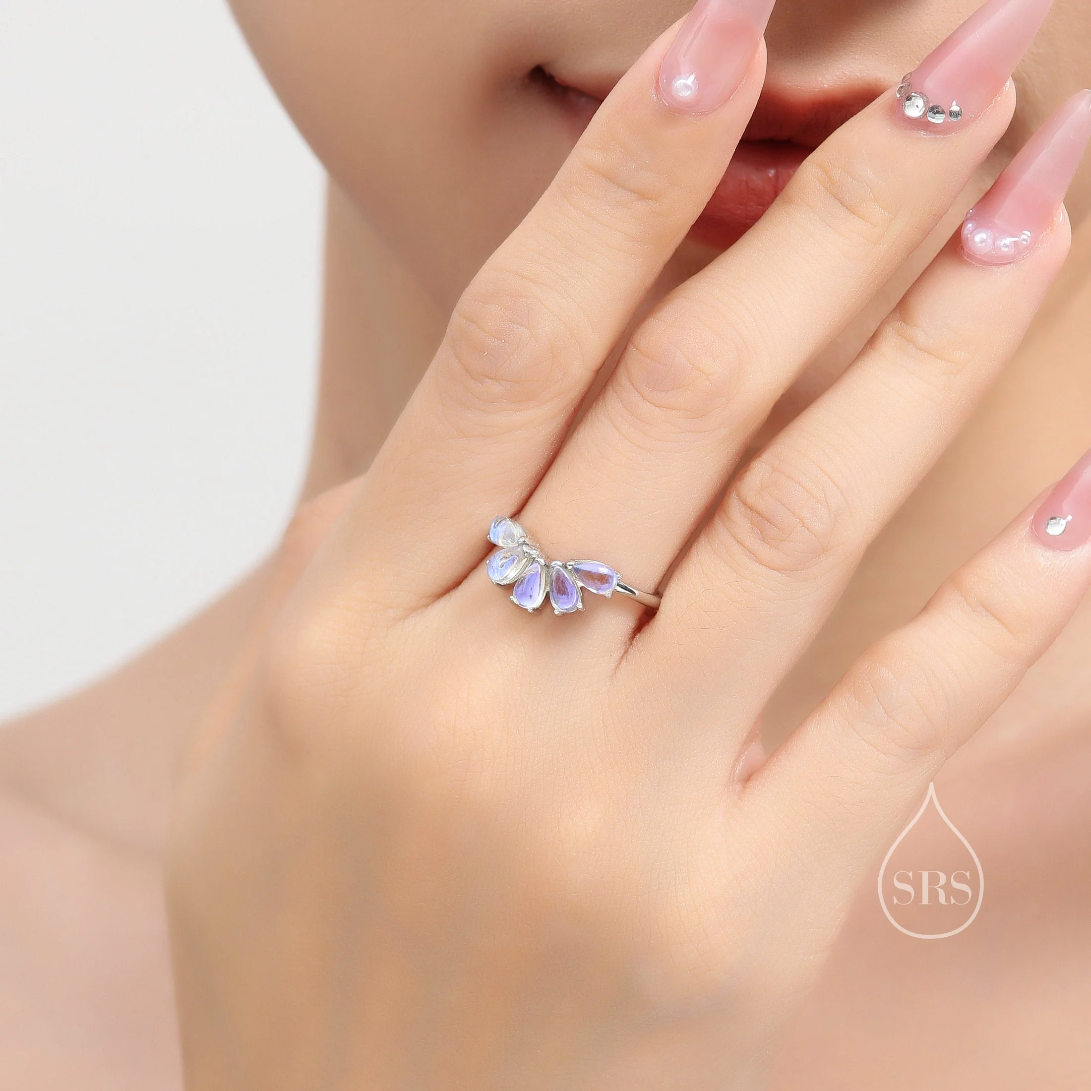 White Opal Curved Ring in Sterling Silver, Lab Opal Tiara Ring, Adjustable Size Fire Opal Chevron Ring, Simulated Opal Nesting Ring - Image 5