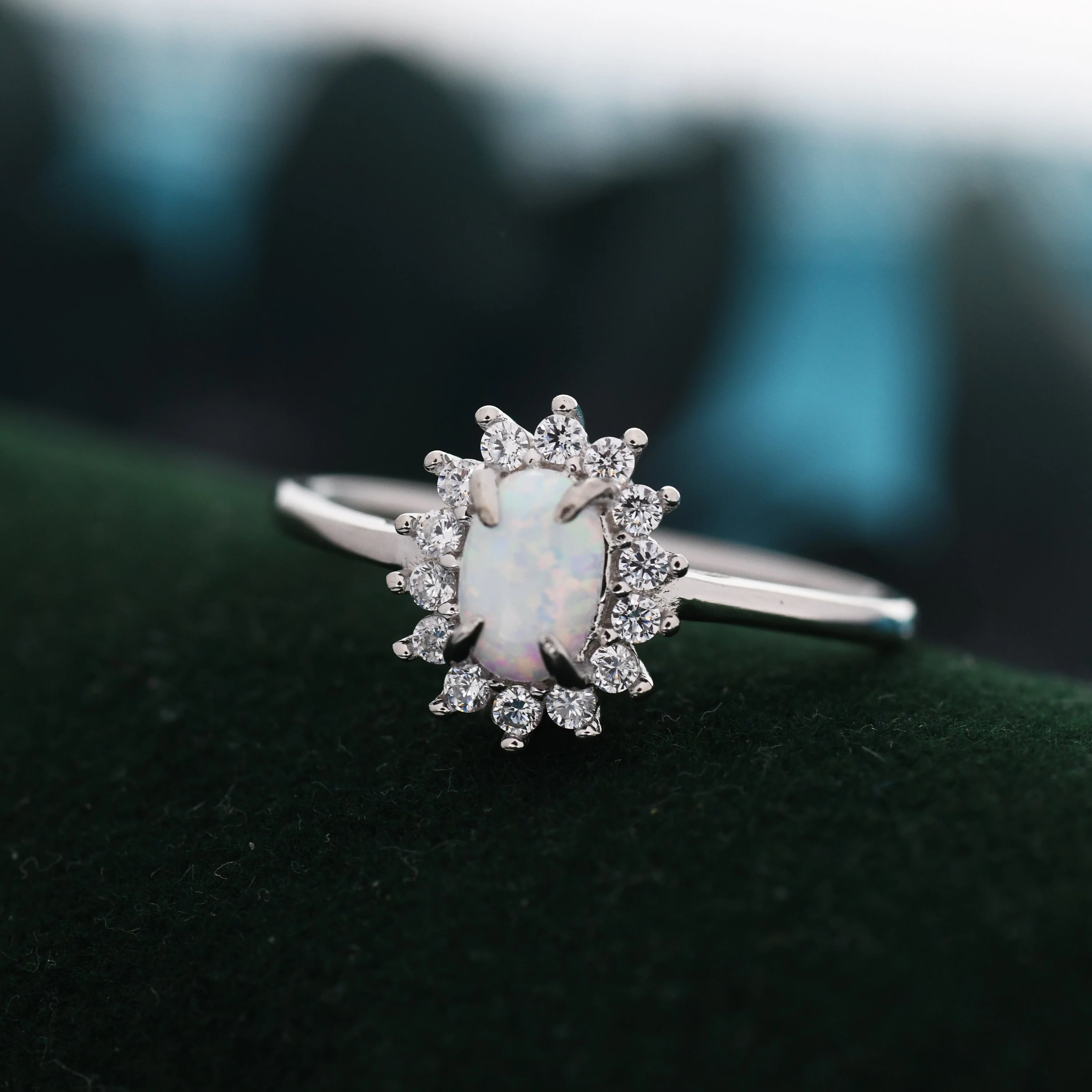 White Opal CZ Halo Oval Ring in Sterling Silver, US 5 - 8, 4x6mm, Lab Opal Stone Ring, Fire Opal Ring - Image 4