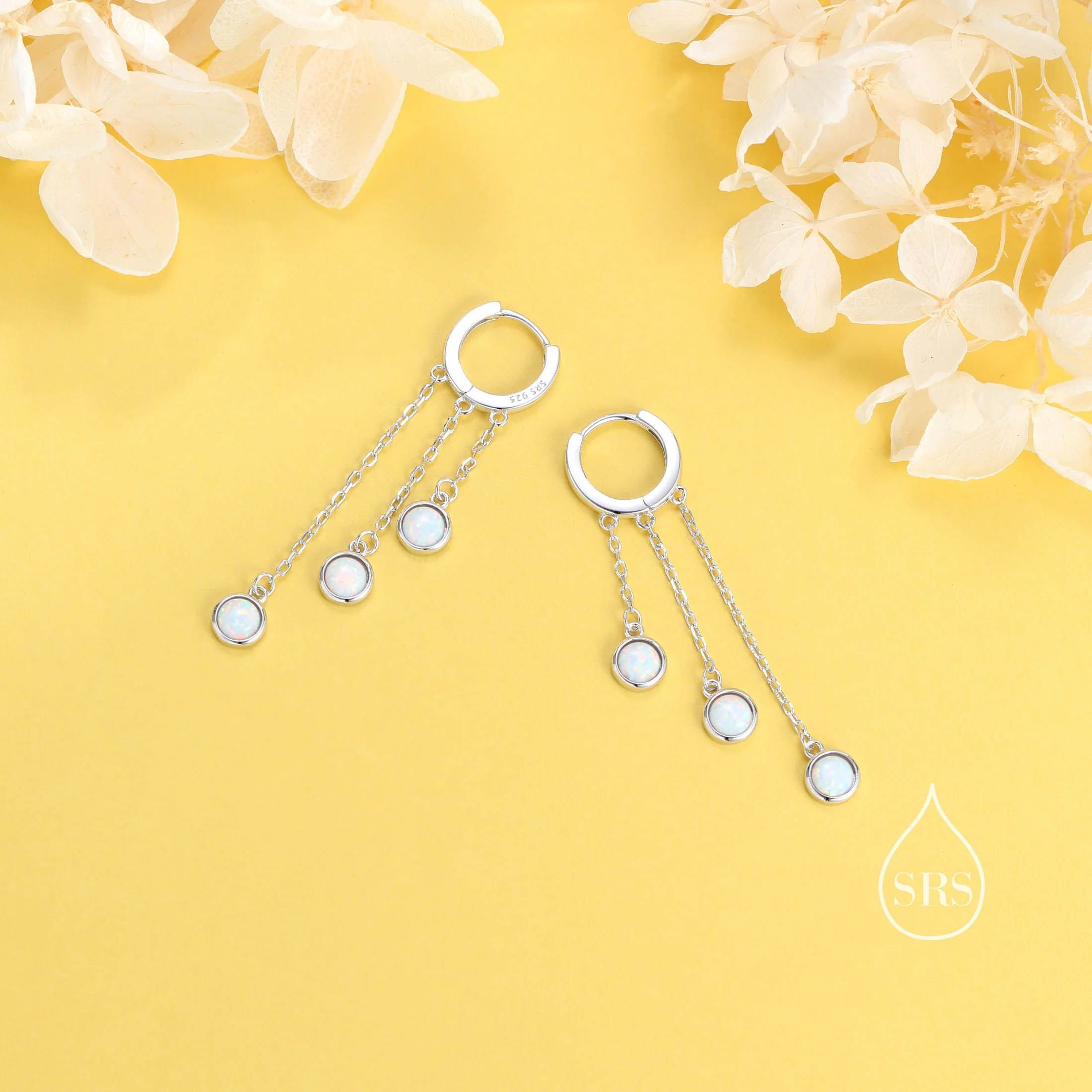 White Opal Dangle Charm Hoop Earrings, Fire Opal Trio Dangle Hoop Earrings, Silver or Gold, Lab Opal Chain Charm Hoops - Image 4