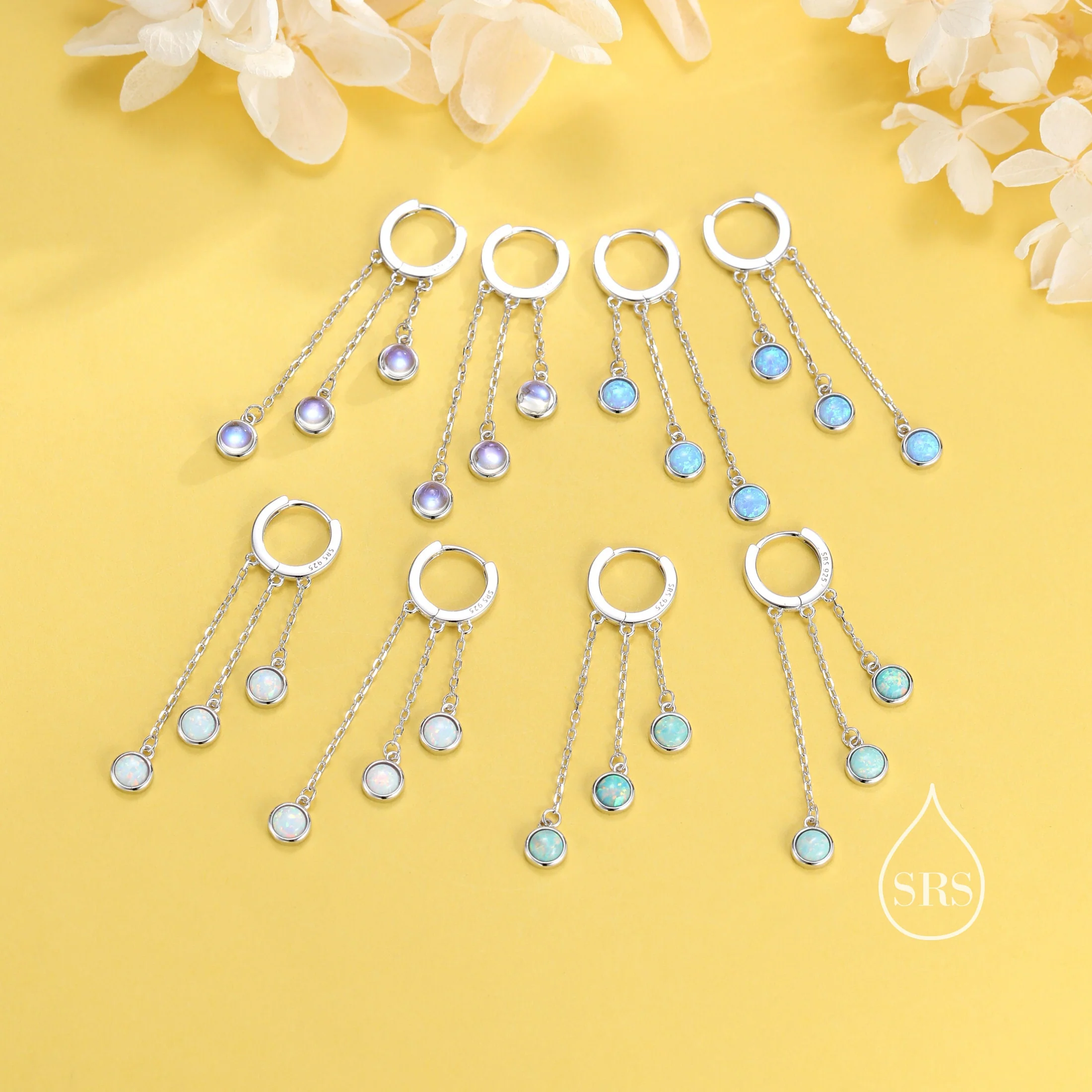 White Opal Dangle Charm Hoop Earrings, Fire Opal Trio Dangle Hoop Earrings, Silver or Gold, Lab Opal Chain Charm Hoops - Image 7