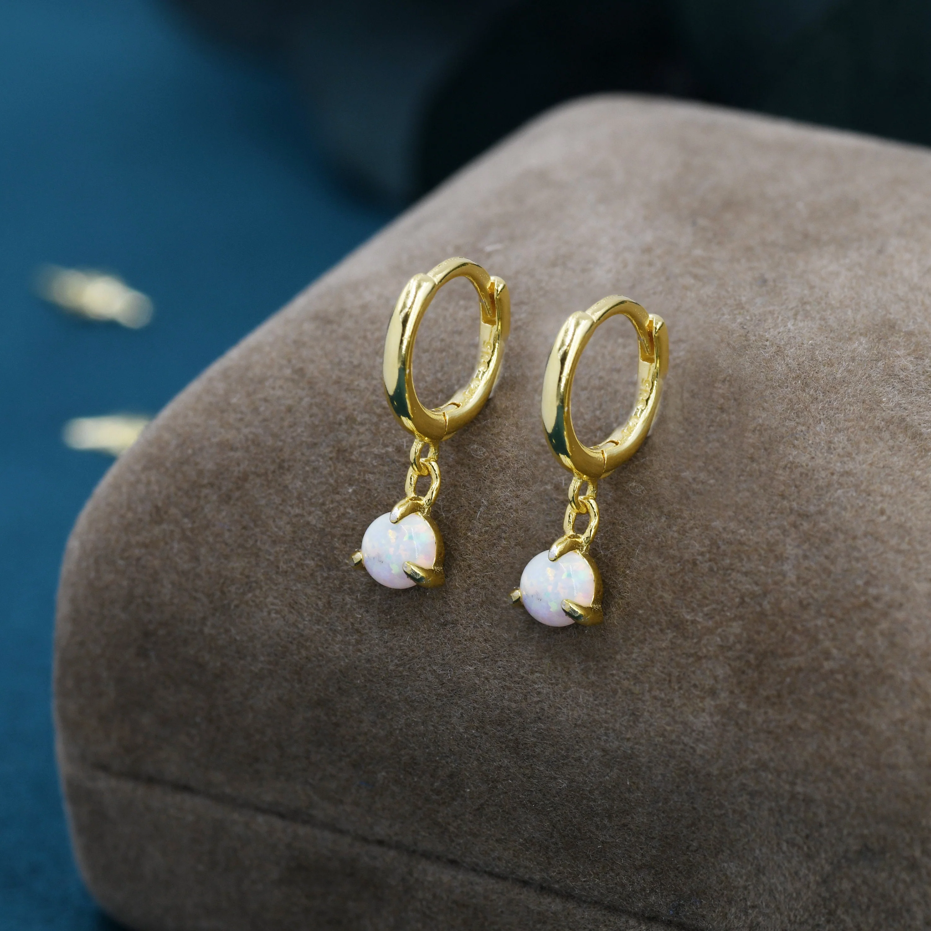 White Opal Dot Dangle Huggie Hoop Earrings in Sterling Silver, 4mm Tiny Opal Hoops, Opal Hoops, Fire Opal Hoops - Image 3