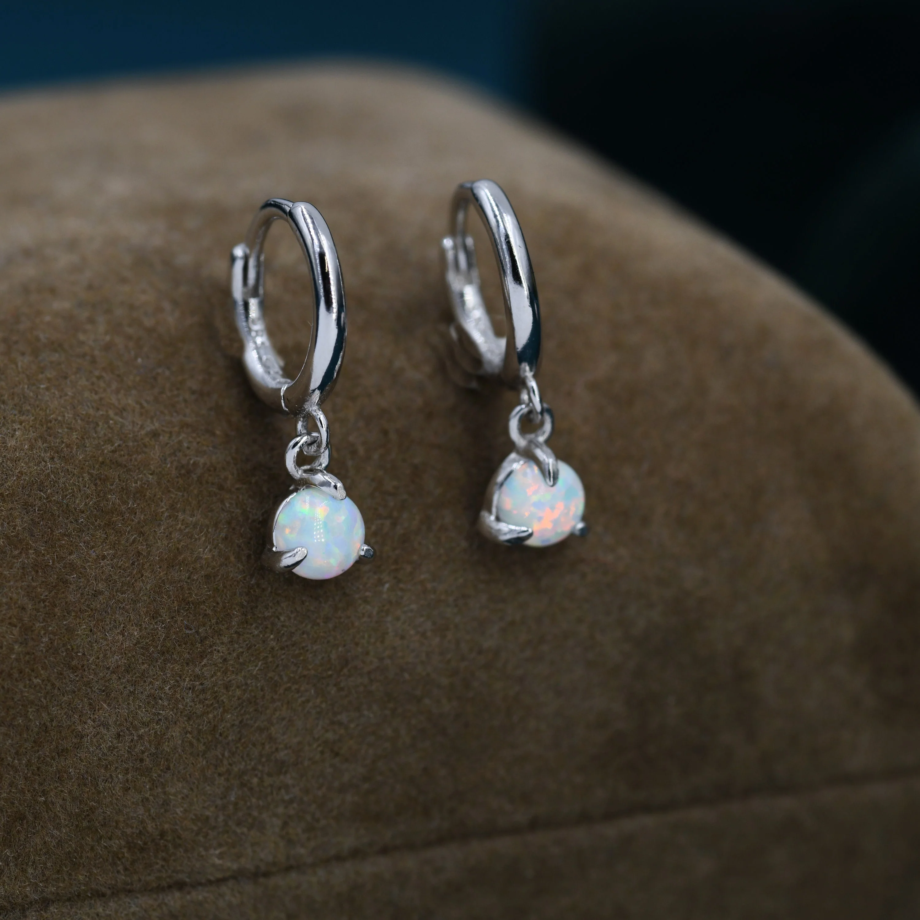 White Opal Dot Dangle Huggie Hoop Earrings in Sterling Silver, 4mm Tiny Opal Hoops, Opal Hoops, Fire Opal Hoops - Image 6