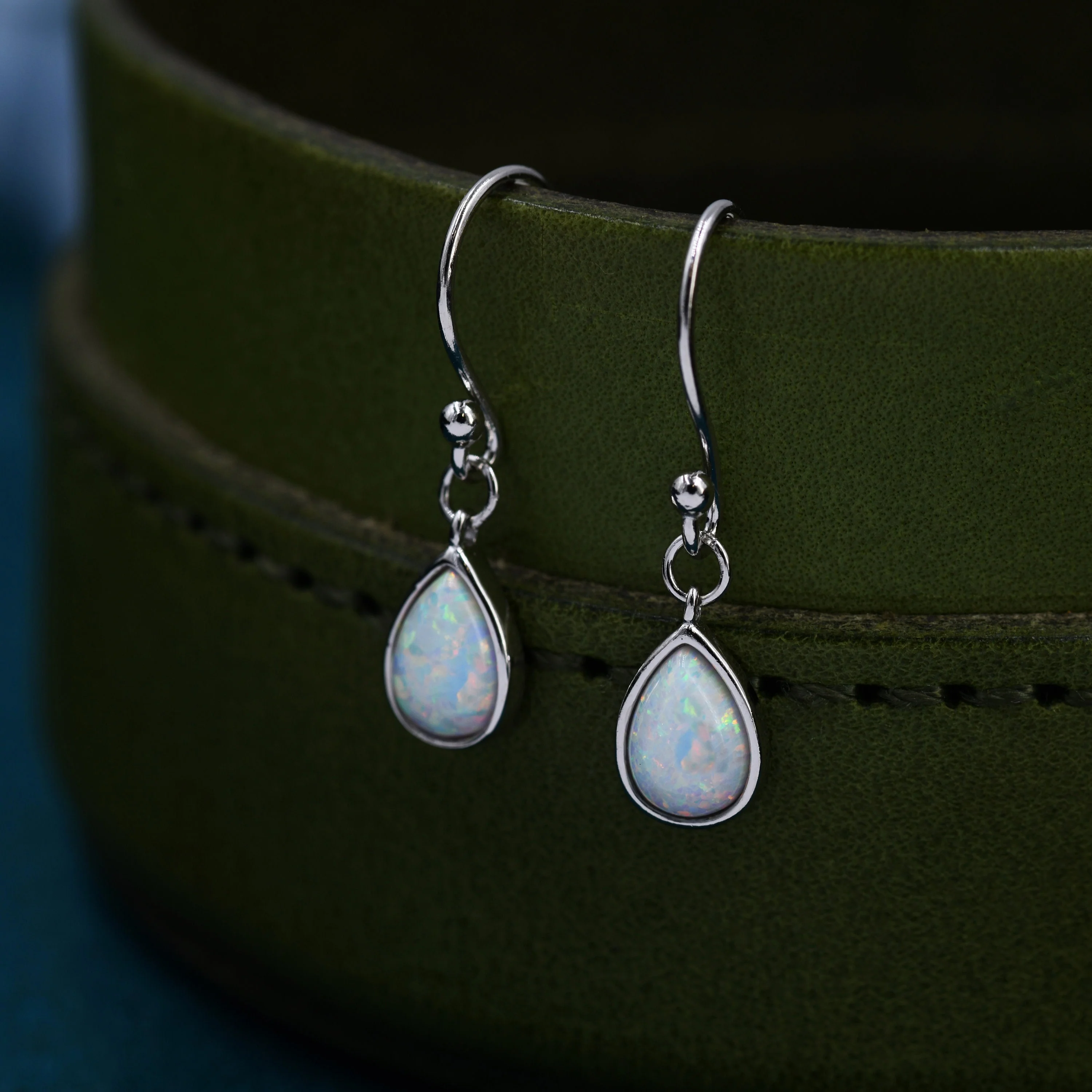 White Opal Droplet Drop Hook Earrings in Sterling Silver, Delicate Fire Opal Earrings, Pear Shape Opal Earrings - Image 2