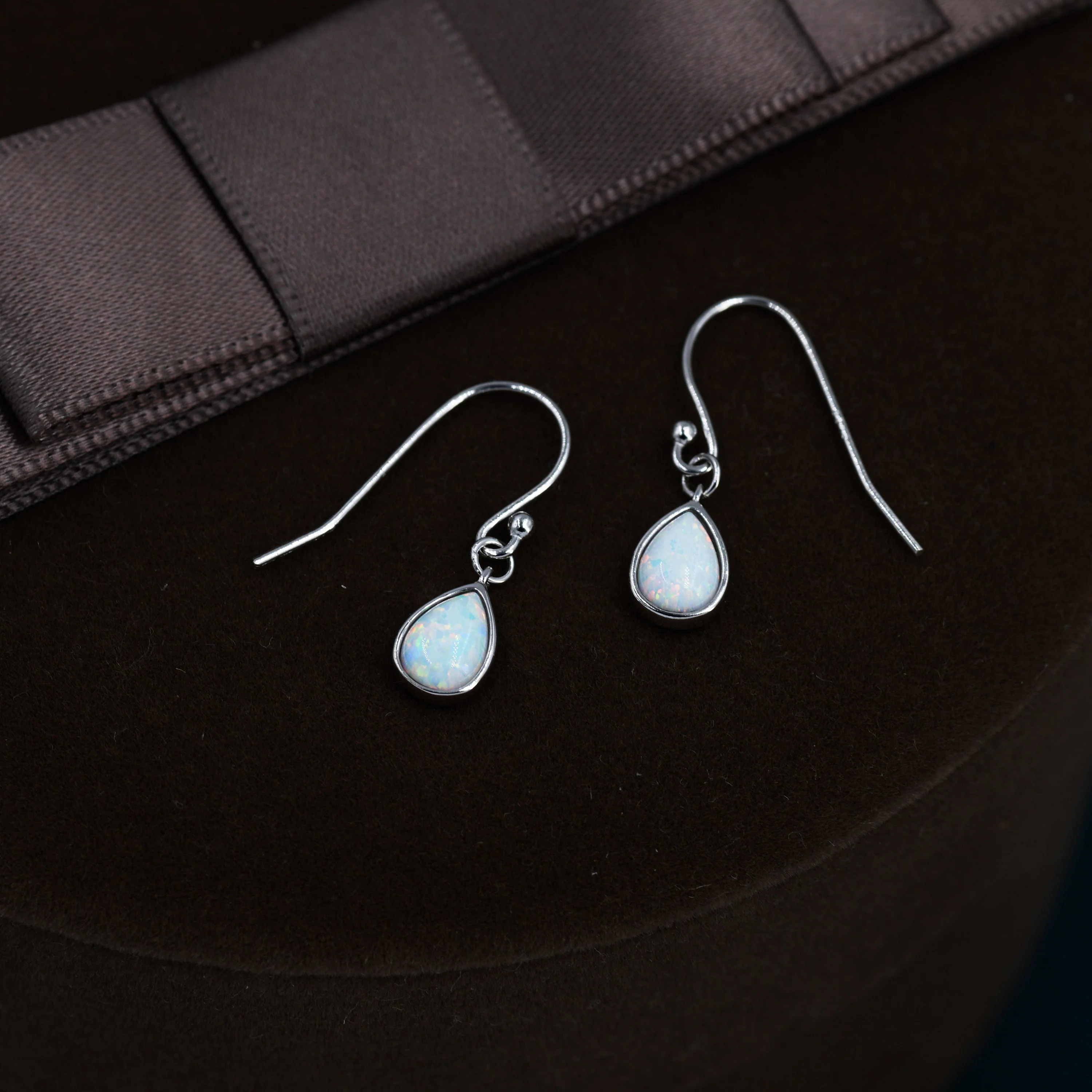 White Opal Droplet Drop Hook Earrings in Sterling Silver, Delicate Fire Opal Earrings, Pear Shape Opal Earrings - Image 4