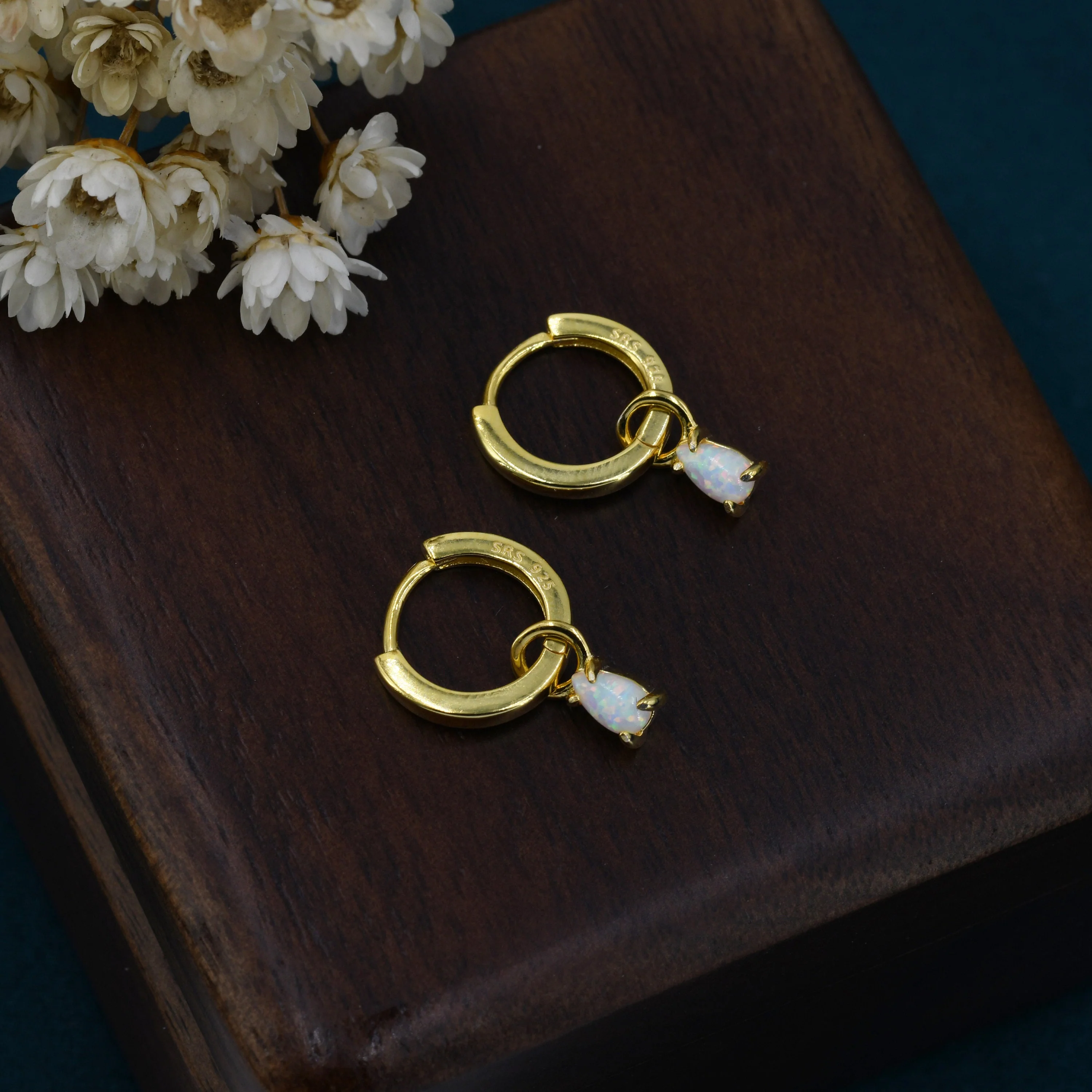 White Opal Droplet Huggie Hoop Earrings in Sterling Silver,  Prong Set, Lab Opal Hoops, Silver or Gold,  Detachable - Image 5