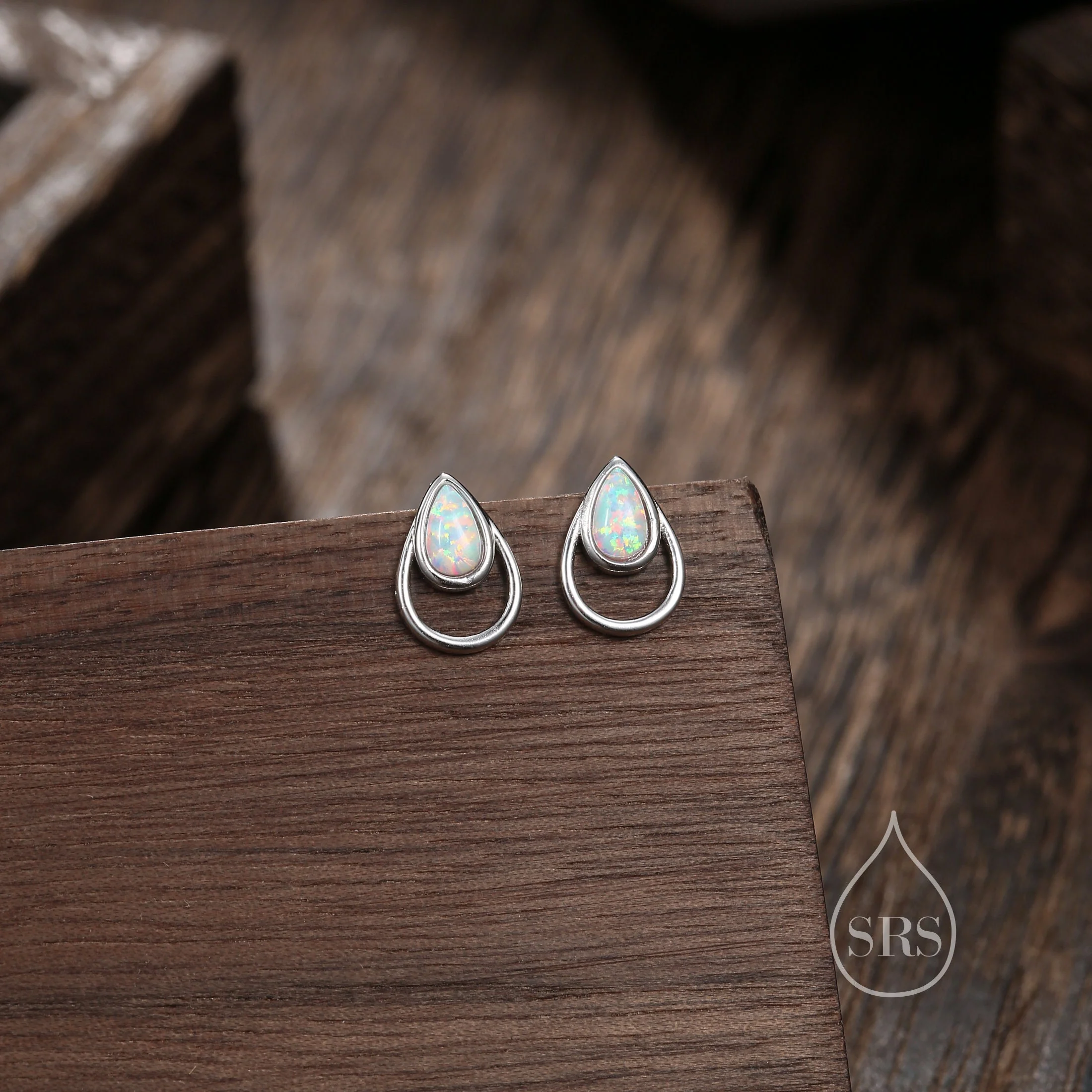 White Opal Droplet Stud Earrings in Sterling Silver, Silver or Gold, Lab Opal Earrings, Double Droplet Stud, Pear Cut Opal Stud - Image 5
