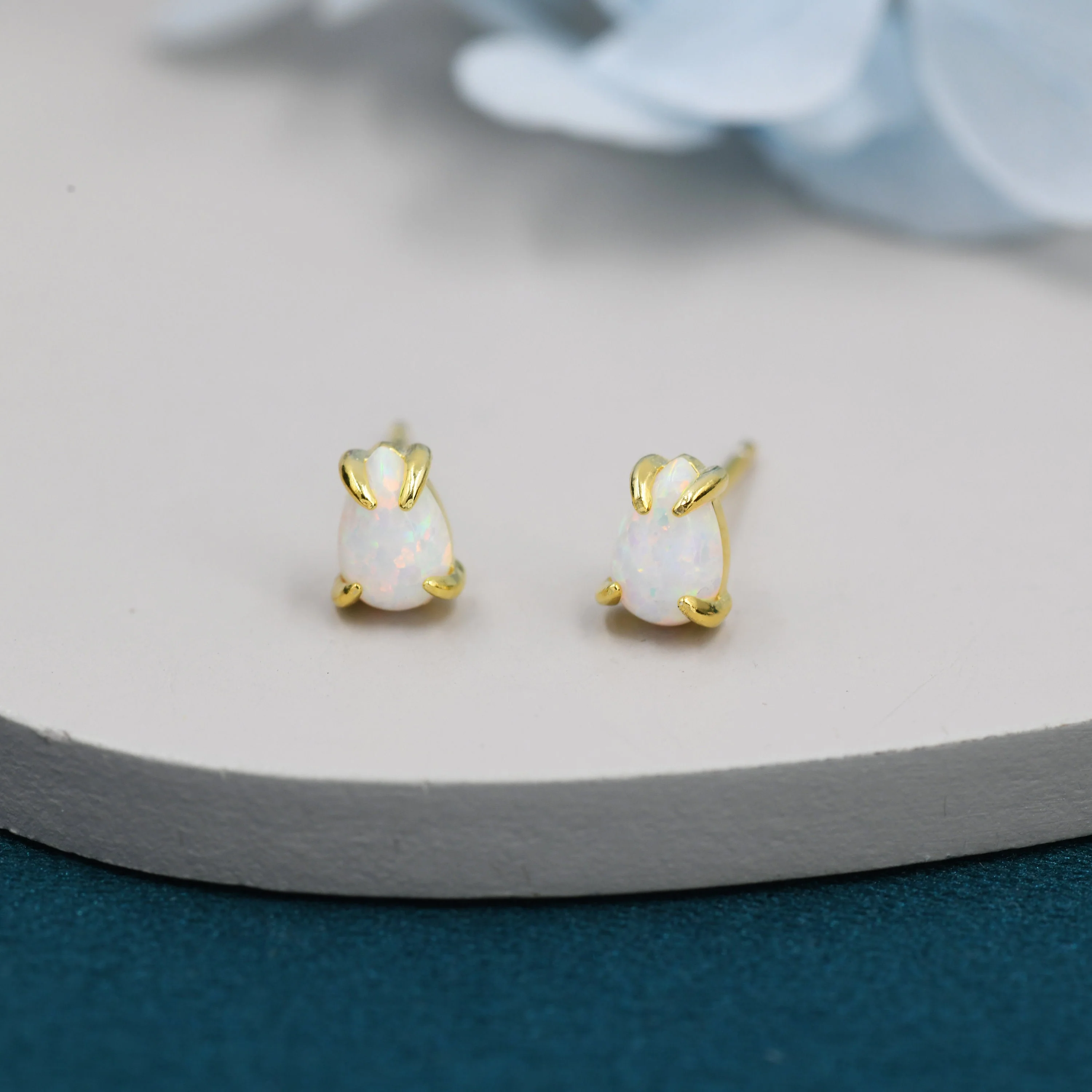 White Opal Droplet Stud Earrings in Sterling Silver, Silver or Gold, Tiny Opal Earrings, Pear Shape Opal Stud - Image 3