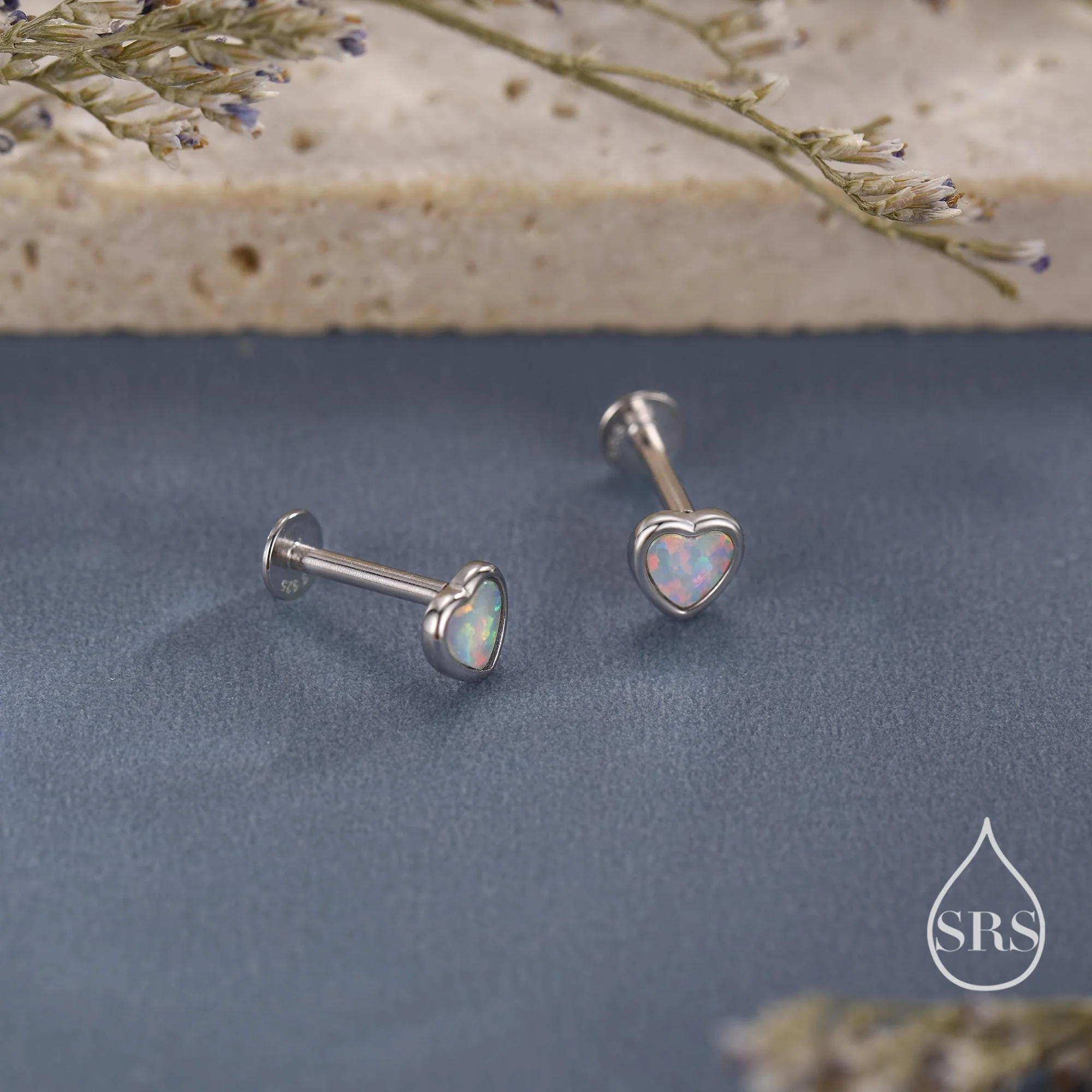 White Opal Heart Flat Back /Screw Back / Stud Earrings in Sterling Silver, Lab Opal Heart Earrings, Heart Screwback Earrings, Fire Opal - Image 5
